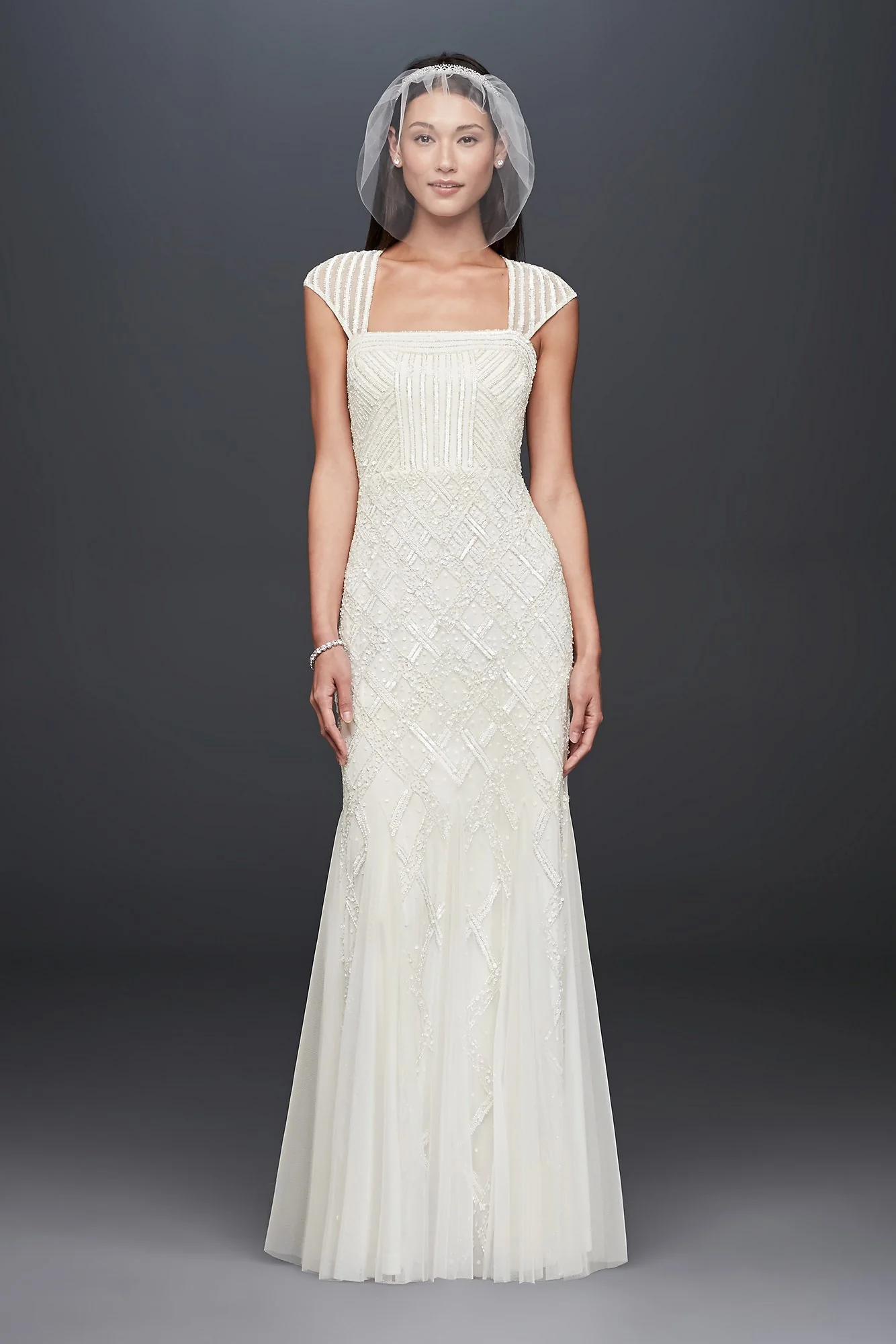 Square-Neck Mesh Sheath Gown with Allover Beading - Image 2