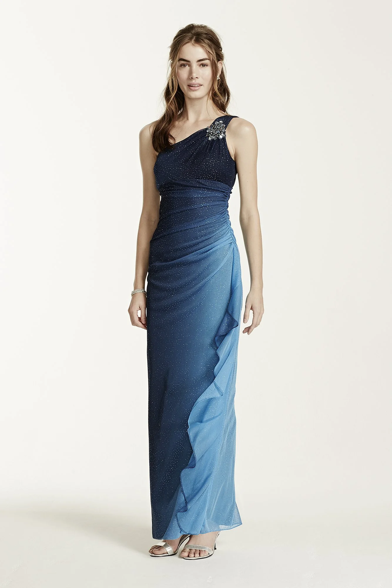 Stone Embellished One Shoulder Ombre Glitter Dress
