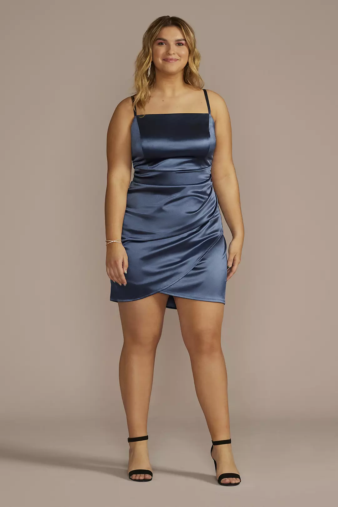 Straight Neck Stretch Satin Pleated Short Dress - Image 13