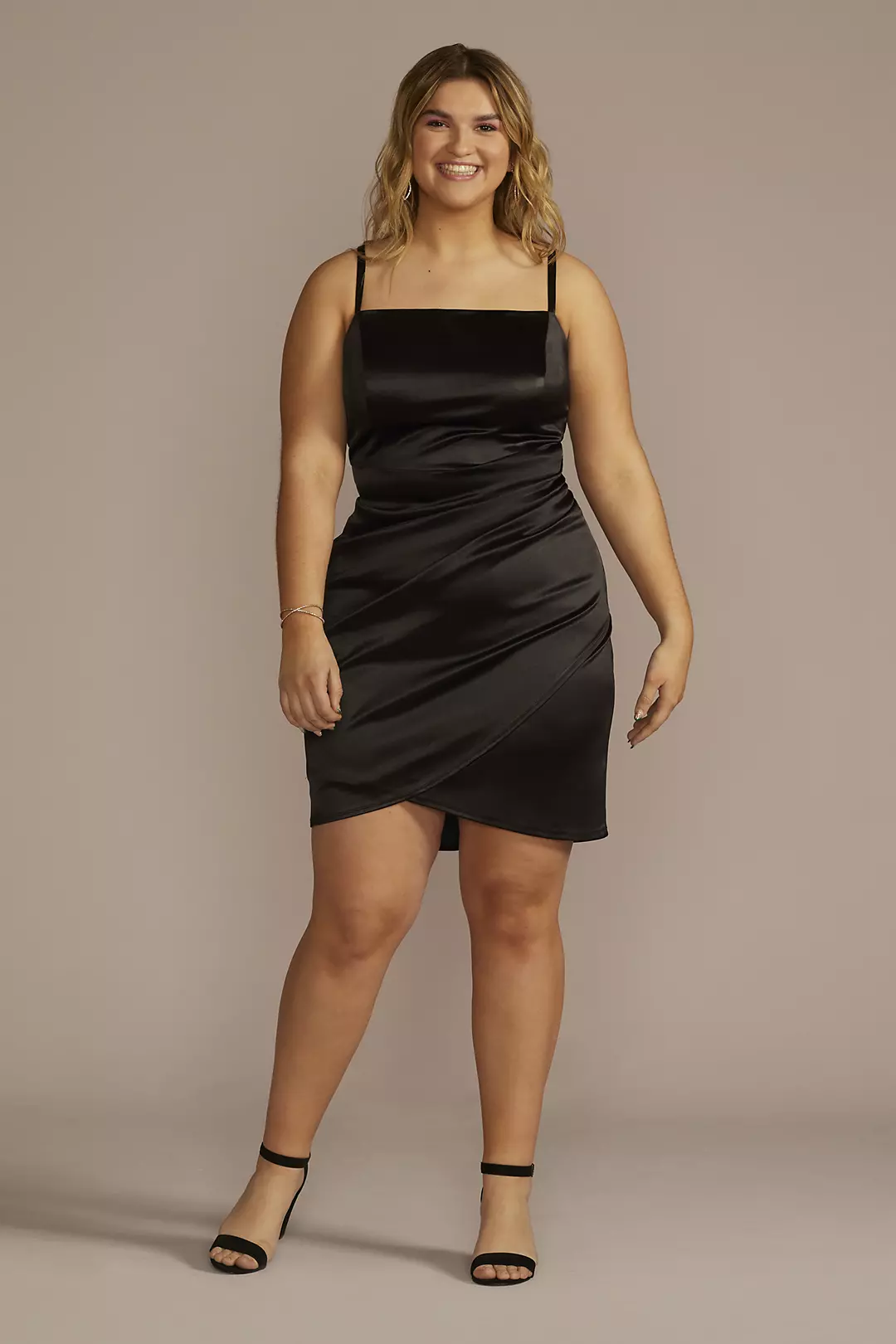 Straight Neck Stretch Satin Pleated Short Dress - Image 3