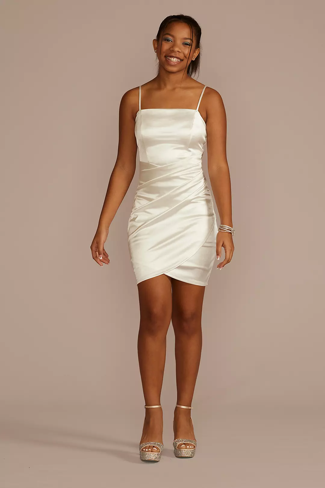 Straight Neck Stretch Satin Pleated Short Dress - Image 6