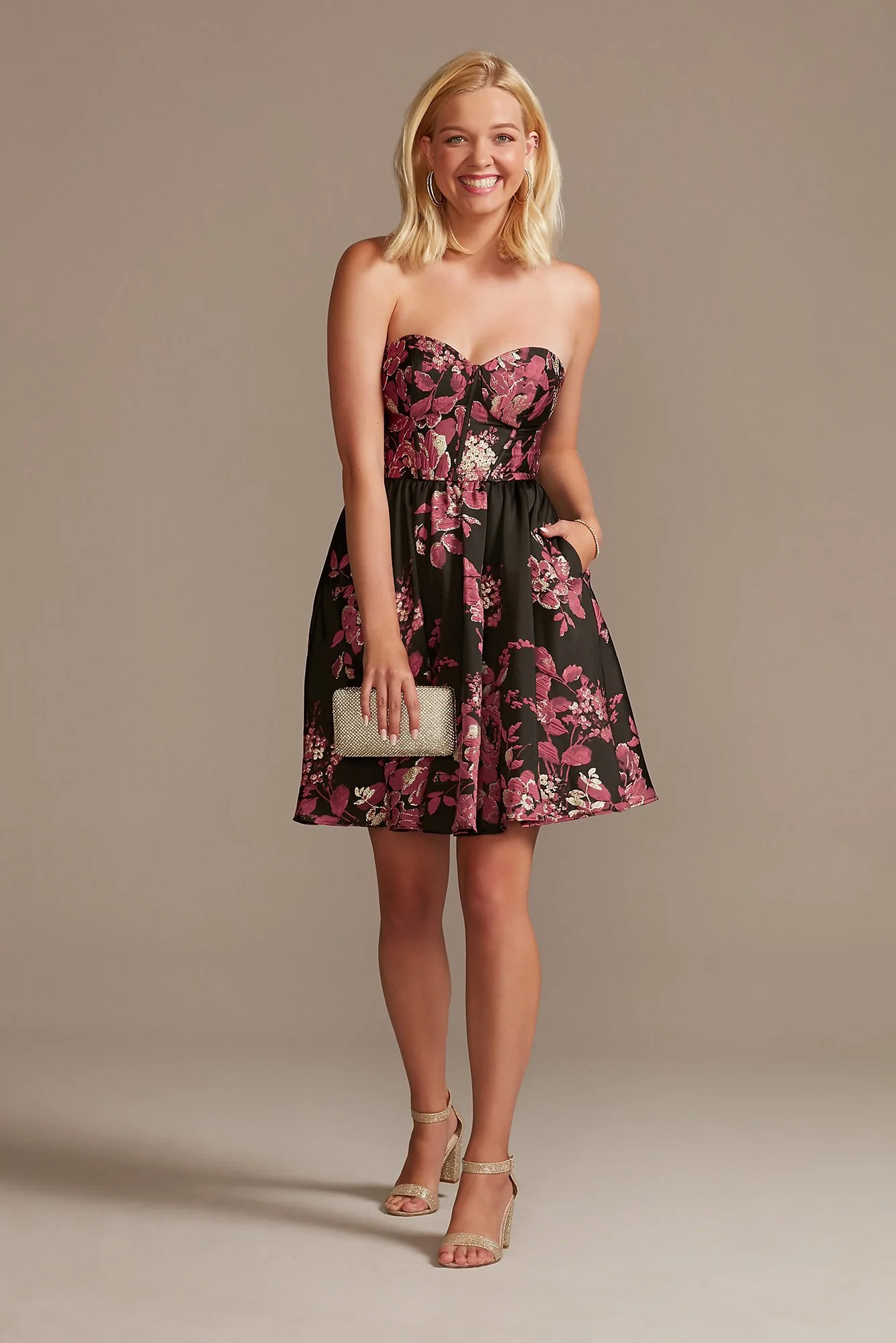 Strapless A-Line Floral Jacquard Dress - Image 2