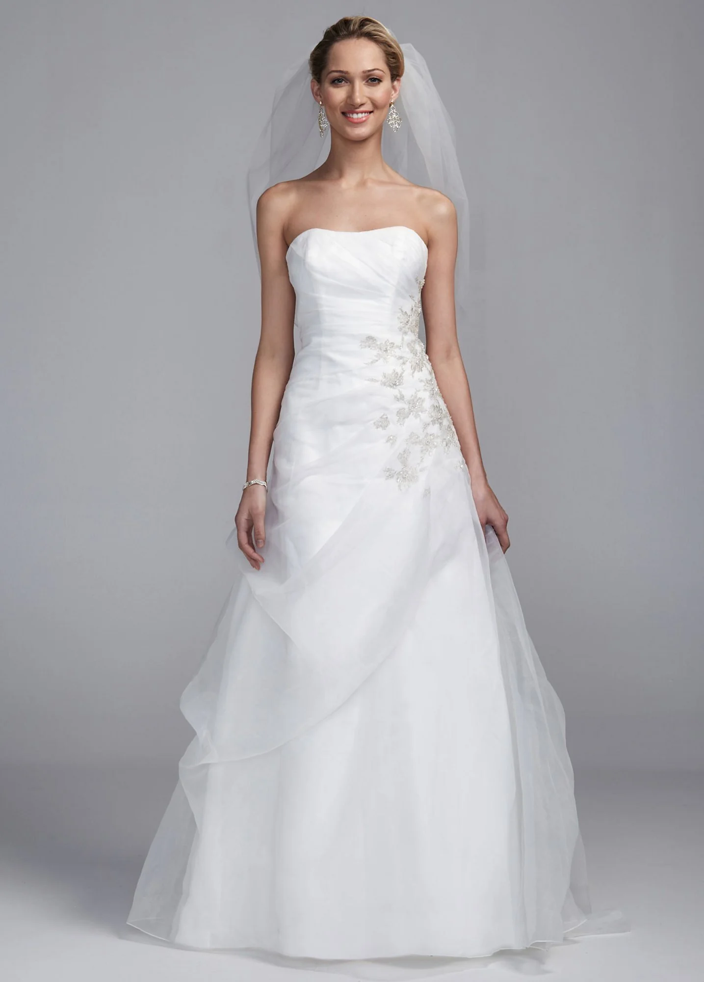 Strapless A Line Organza Gown with Lace Embroidery