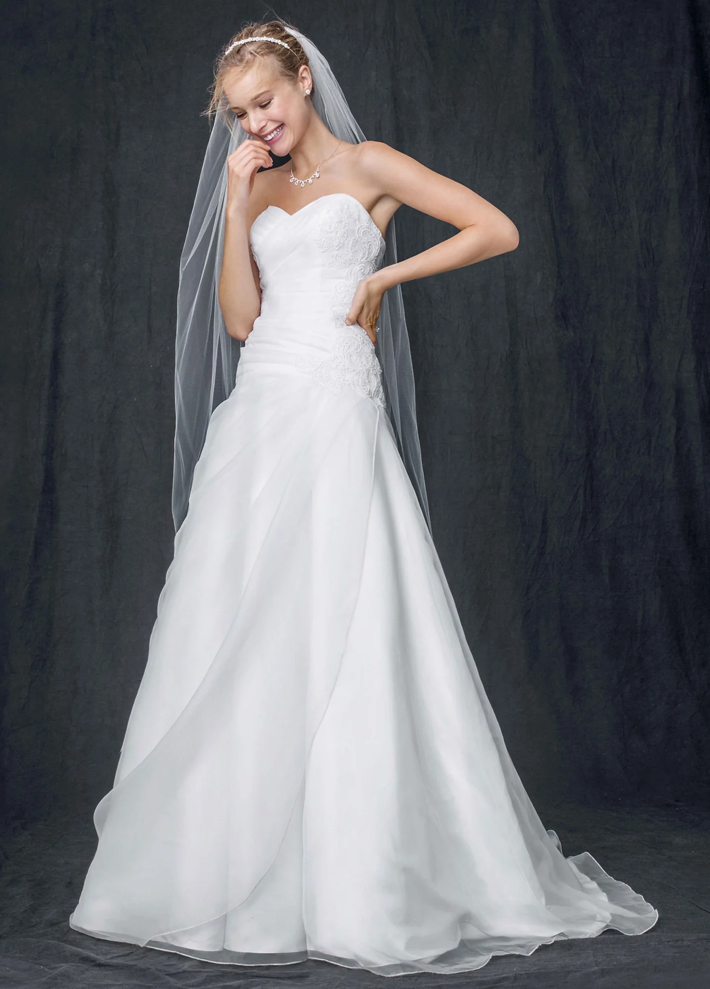 Strapless A Line Organza Gown with Ruched Bodice - Image 2