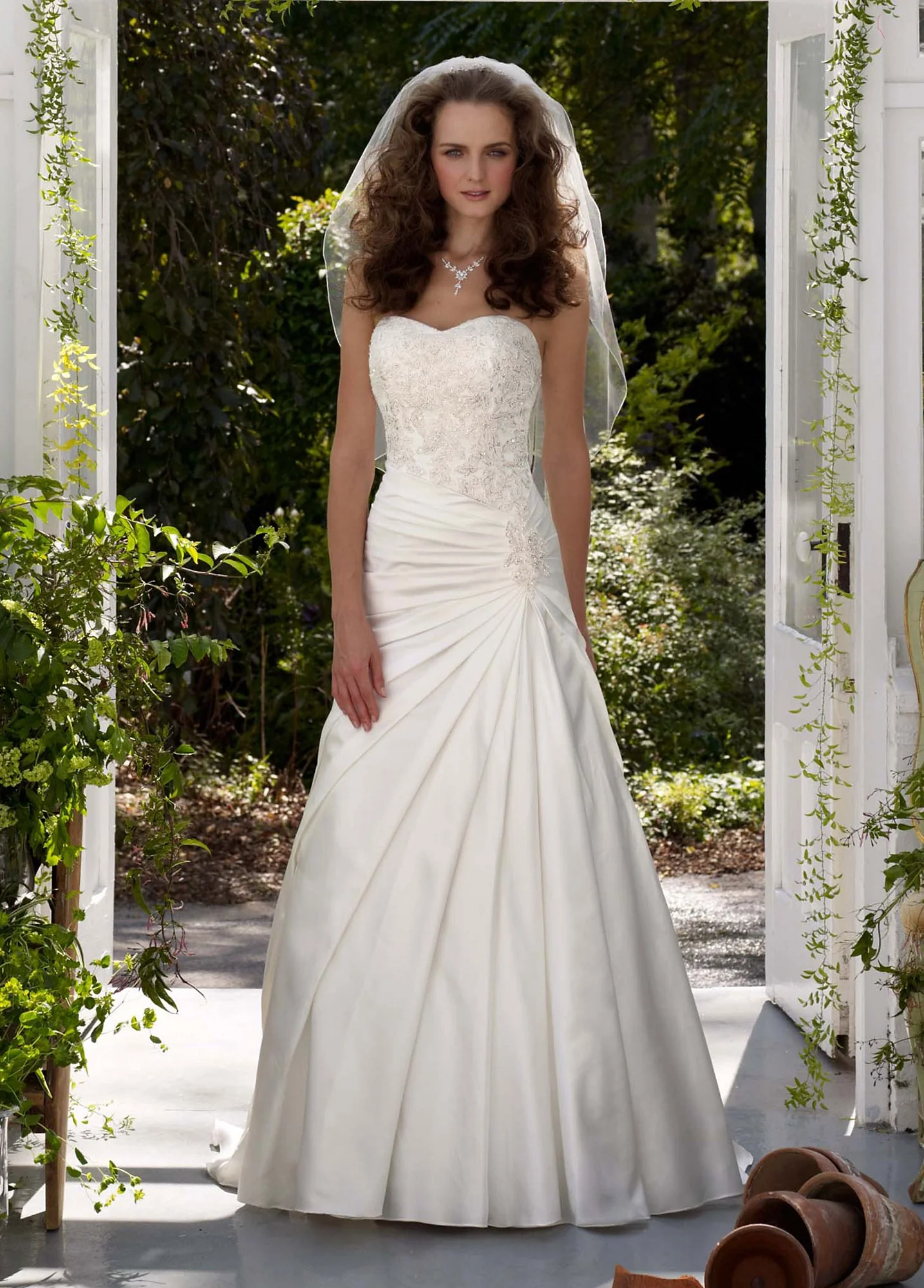 Strapless A-Line Satin Gown with Dropped Waist - Image 3