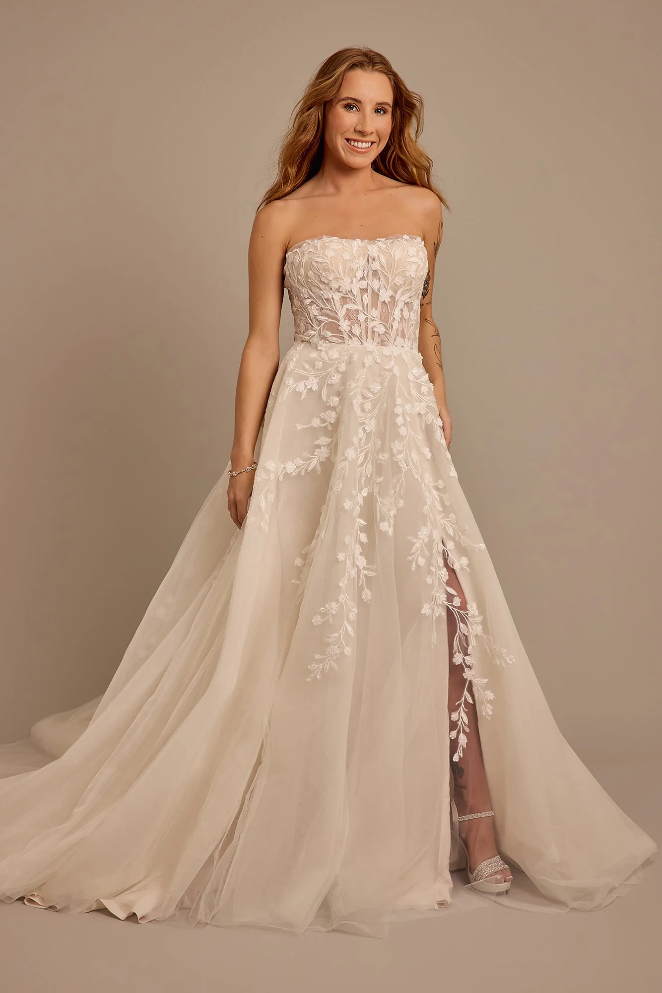 Strapless Ball Gown Wedding Dress with 3D Flowers