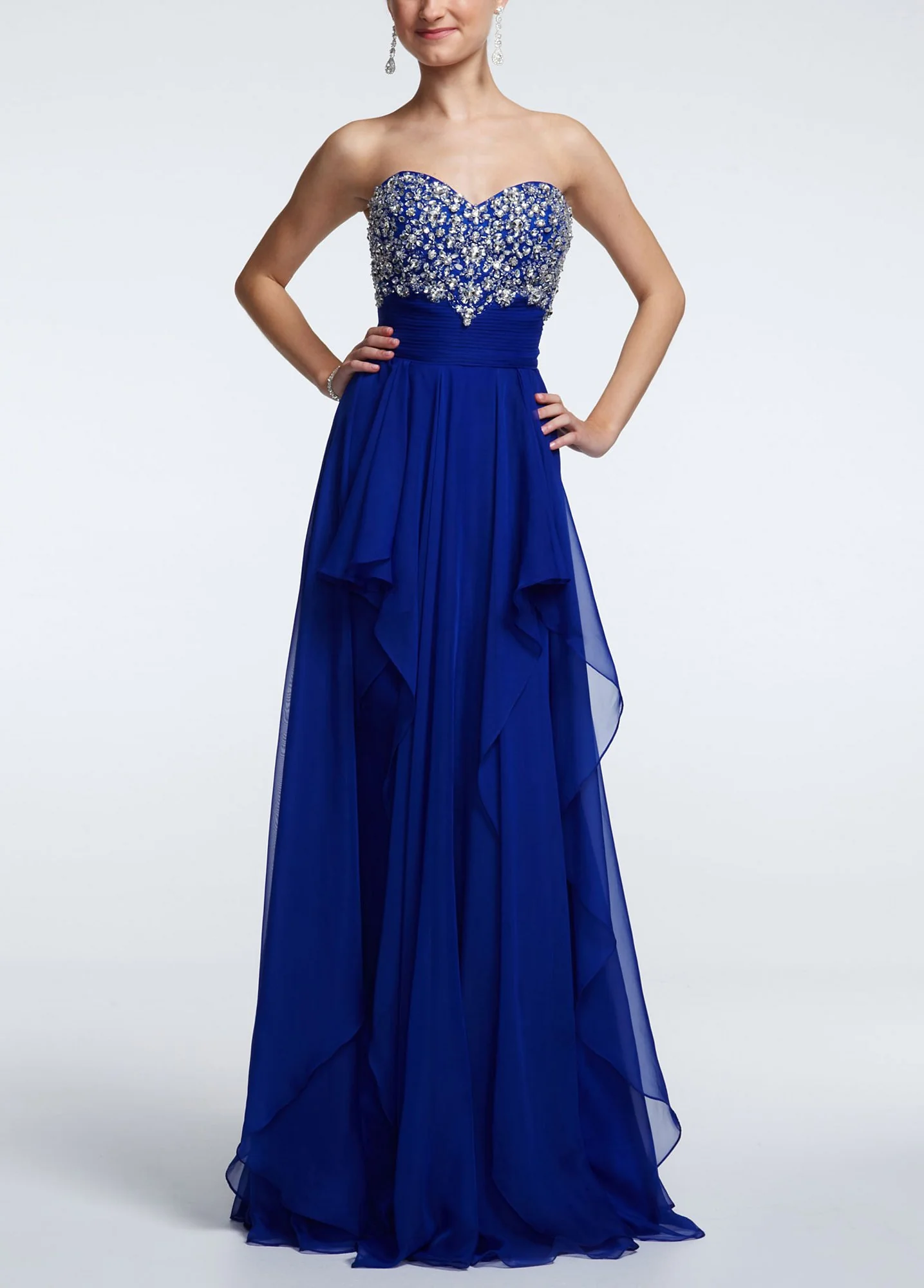 Strapless Beaded Chiffon Waterfall Ruffle Dress