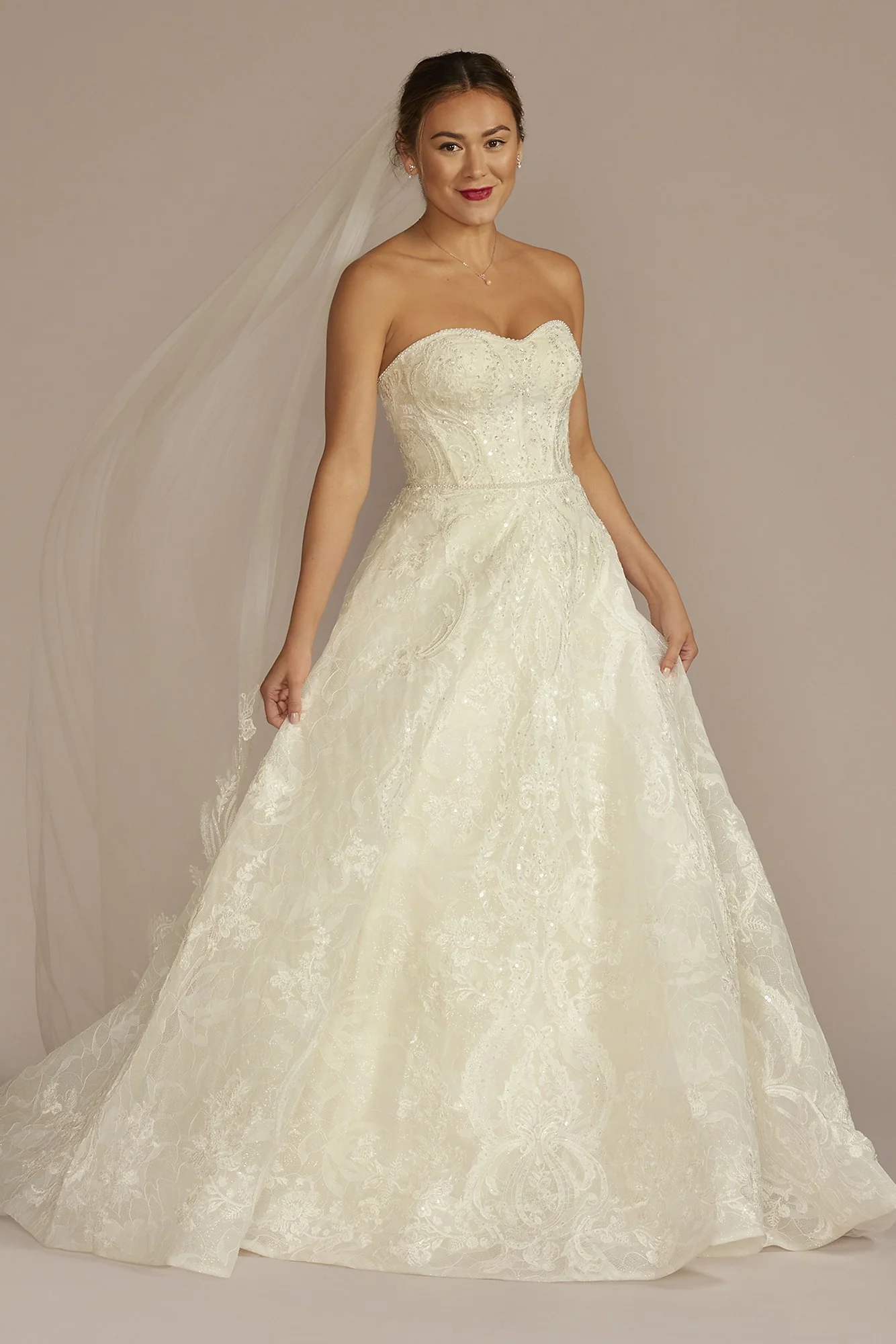 Strapless Beaded Lace Ball Gown Wedding Dress