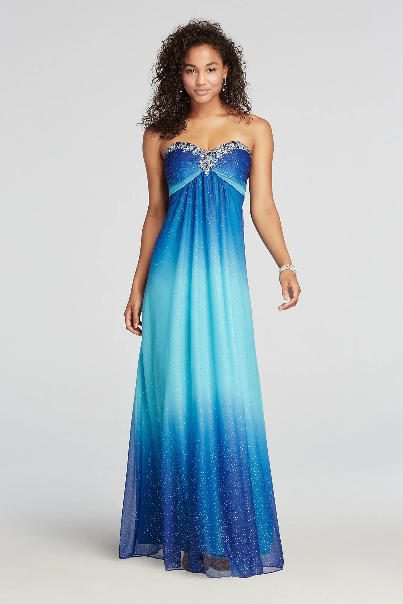 Strapless Beaded Neckline Glitter Ombre Prom Dress - Image 2