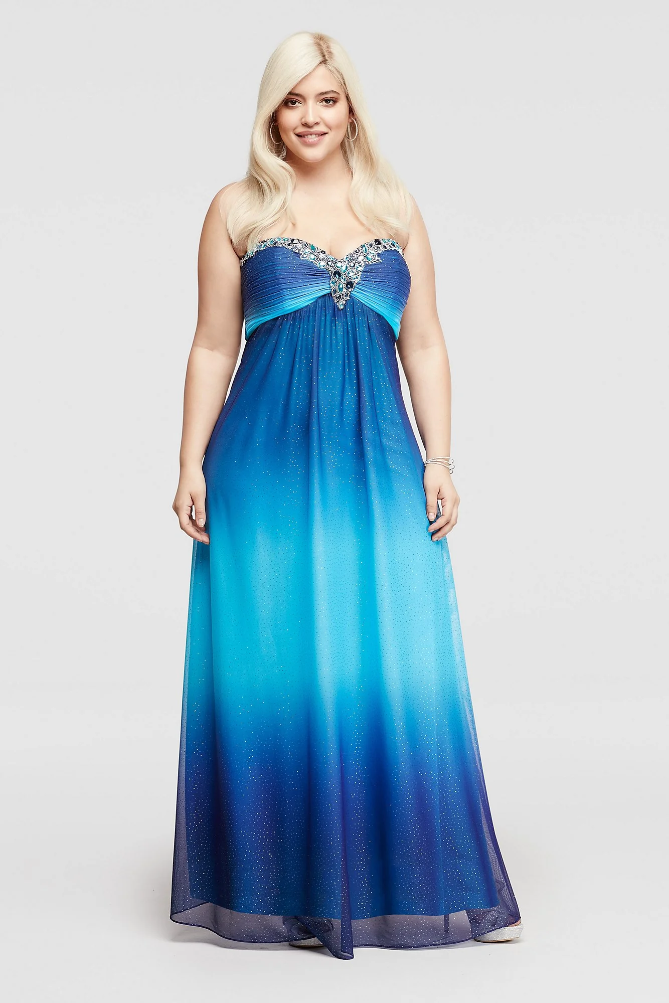 Strapless Beaded Neckline Glitter Ombre Prom Dress - Image 3