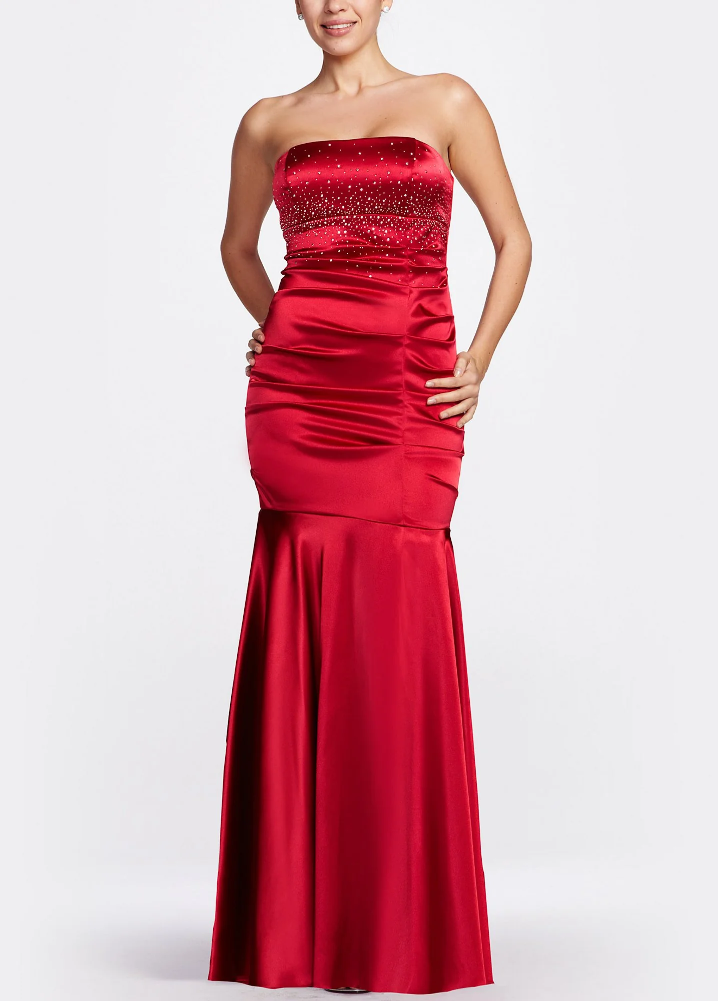 Strapless Beaded Satin Gown with All Over Ruching