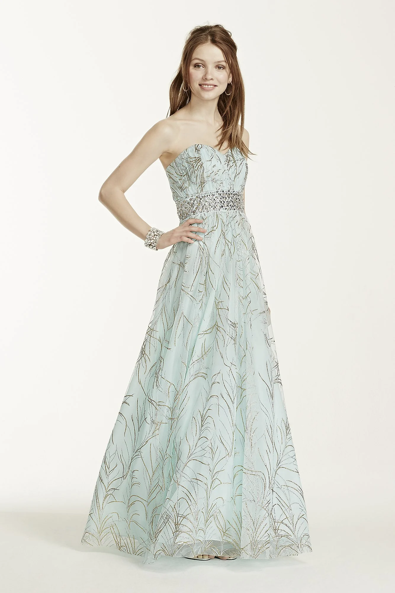 Strapless Beaded Waist Glitter Tulle Ball Gown - Image 2