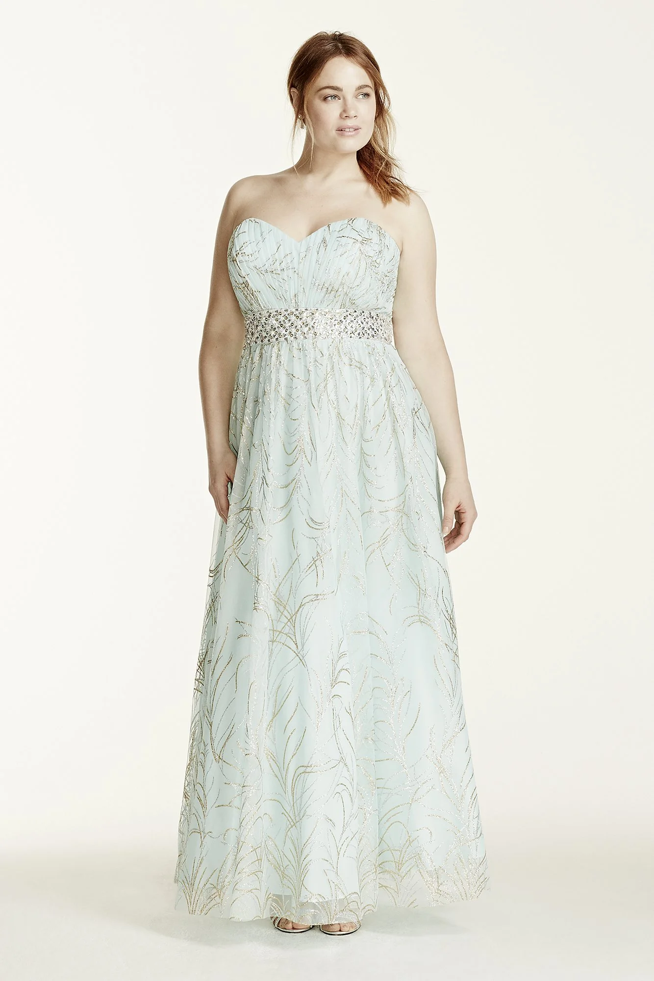 Strapless Beaded Waist Glitter Tulle Ball Gown