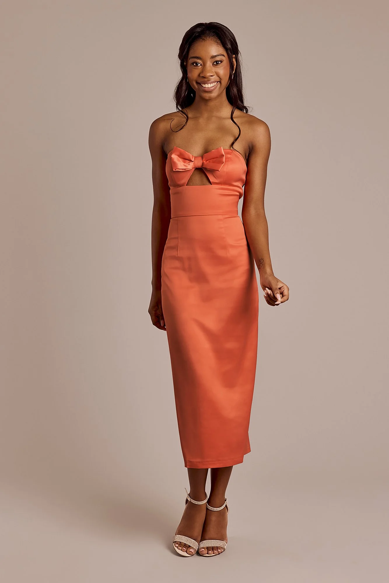Strapless Bow Midi Sheath Dress