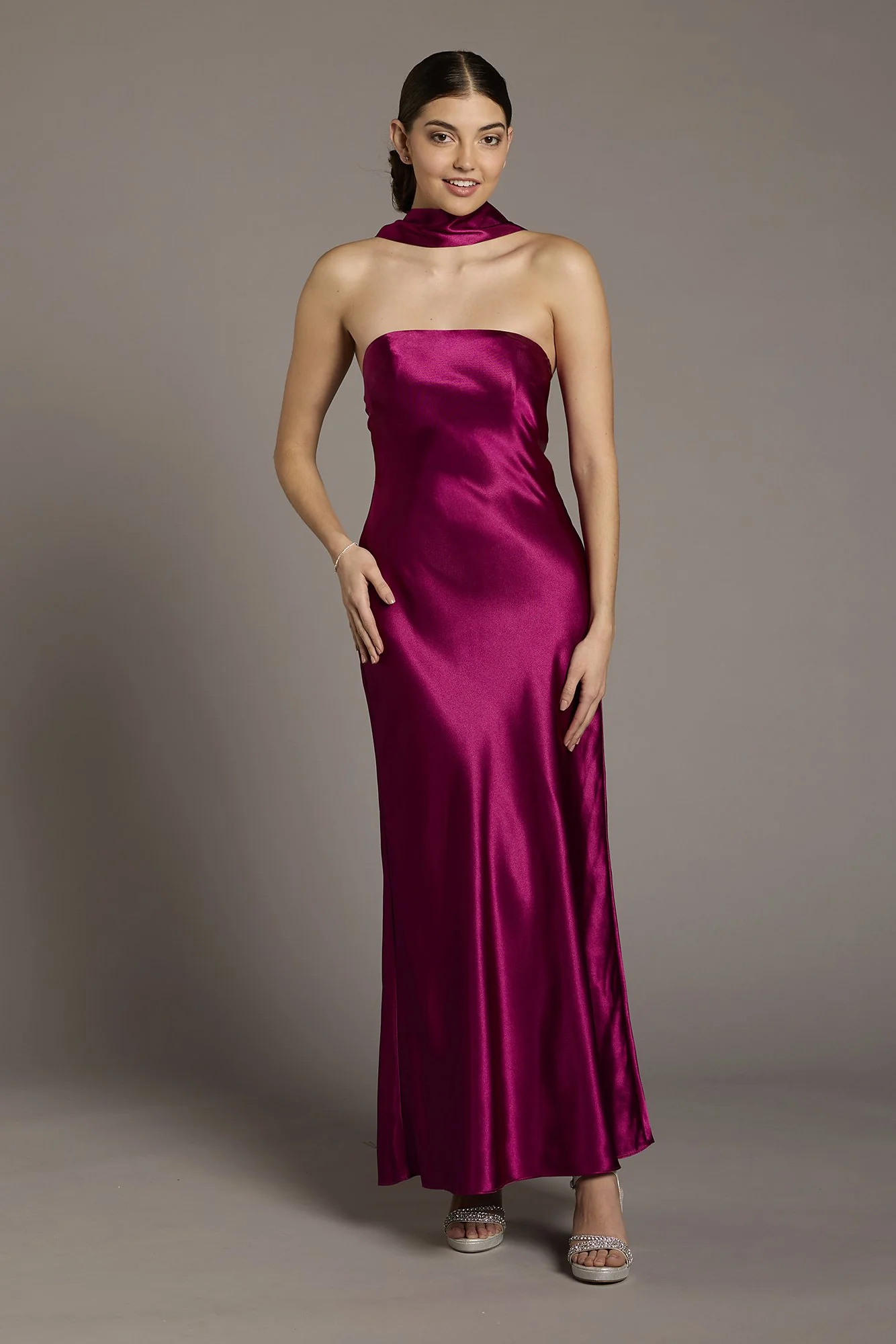Strapless Charmeuse Sheath Dress with Scarf