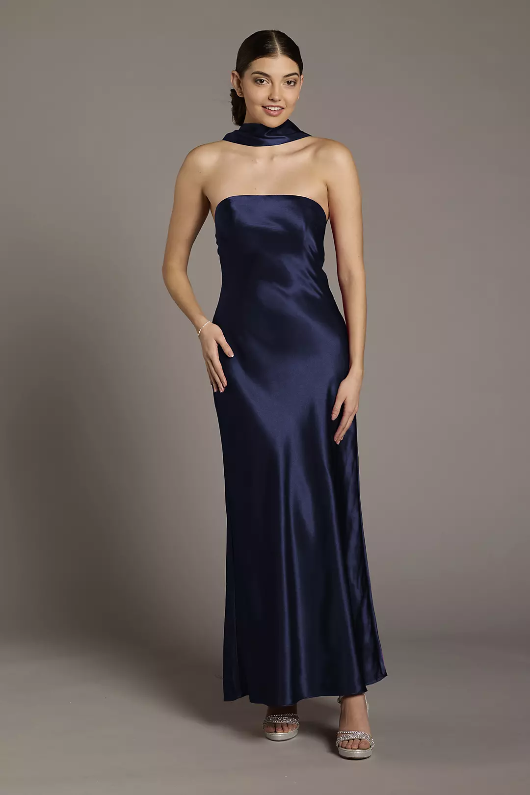Strapless Charmeuse Sheath Dress with Scarf - Image 2