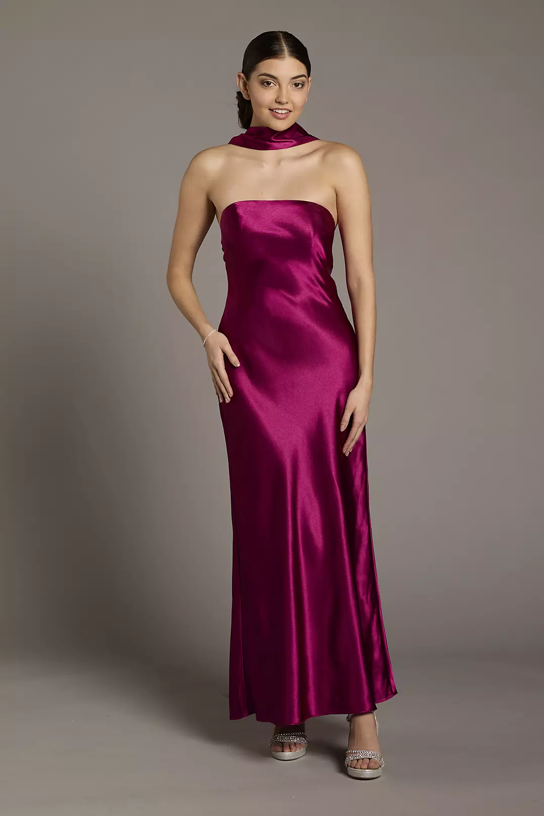 Strapless Charmeuse Sheath Dress with Scarf - Image 3