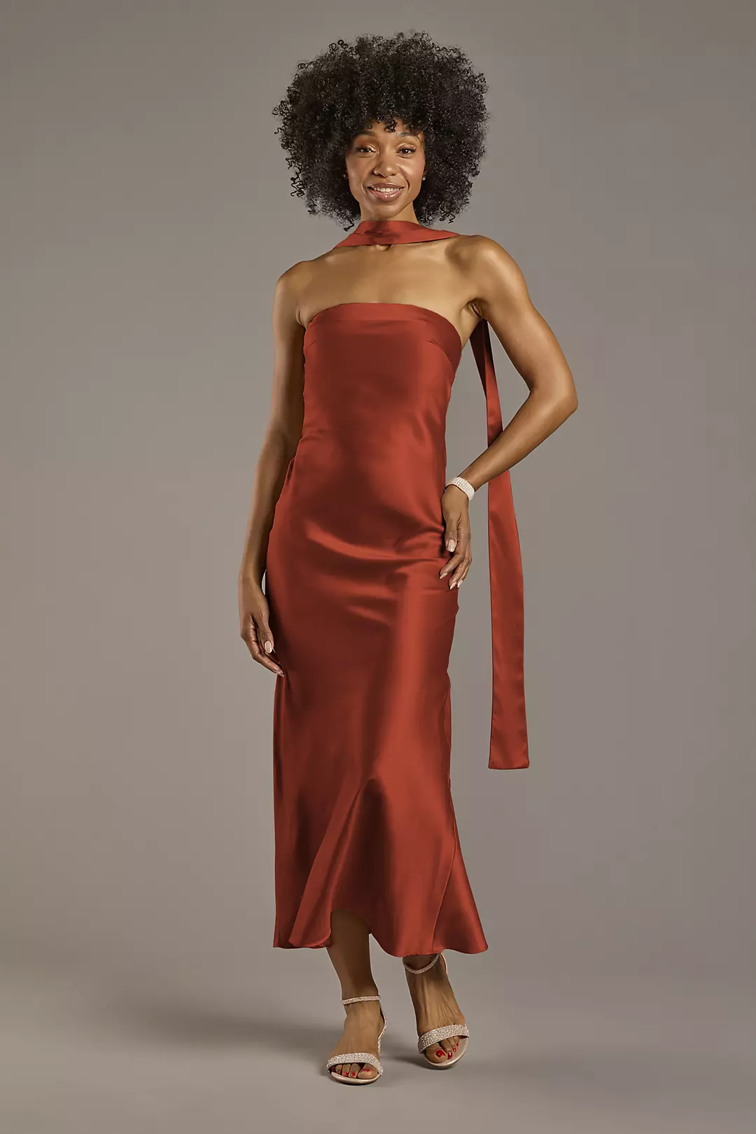 Strapless Charmeuse Sheath Dress with Scarf - Image 24