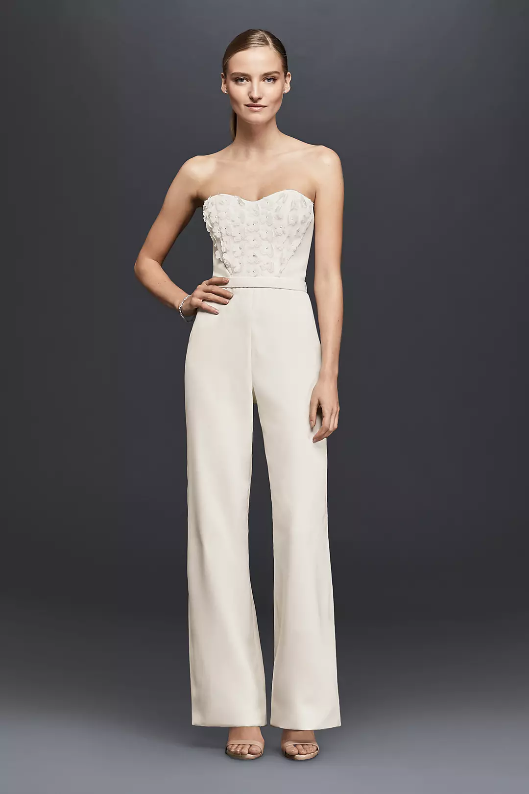 Strapless Crepe Jumpsuit with 3D Floral Details