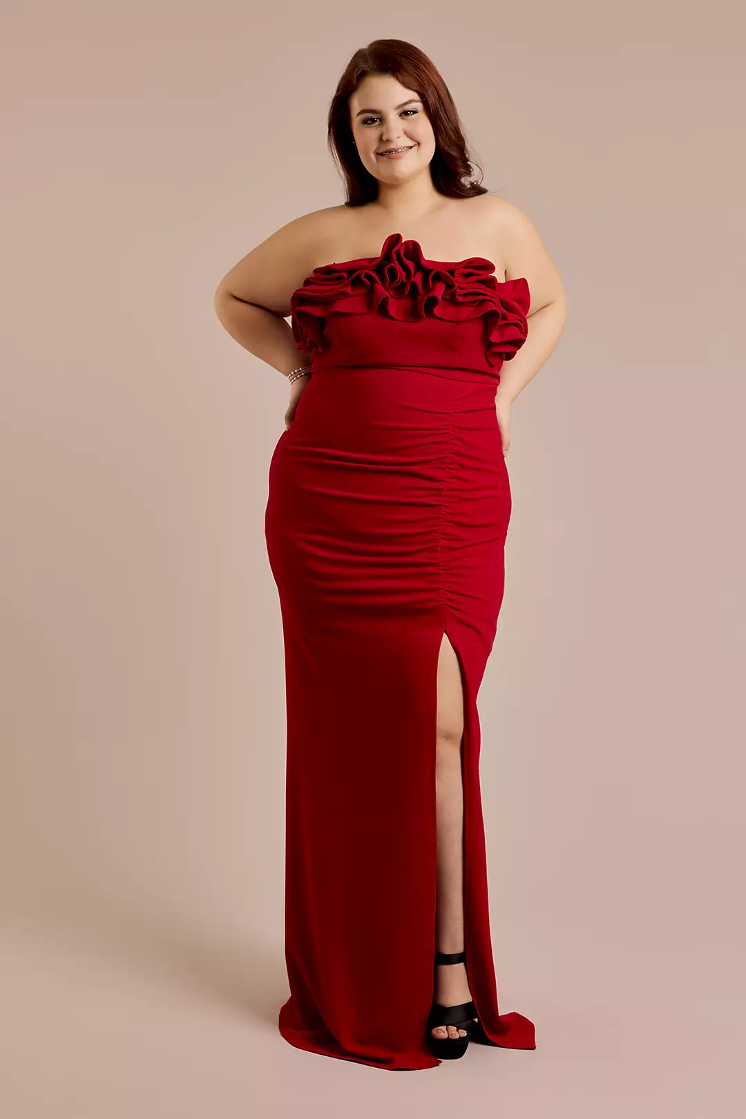 Strapless Crepe Sheath Dress with Ruffle Neckline