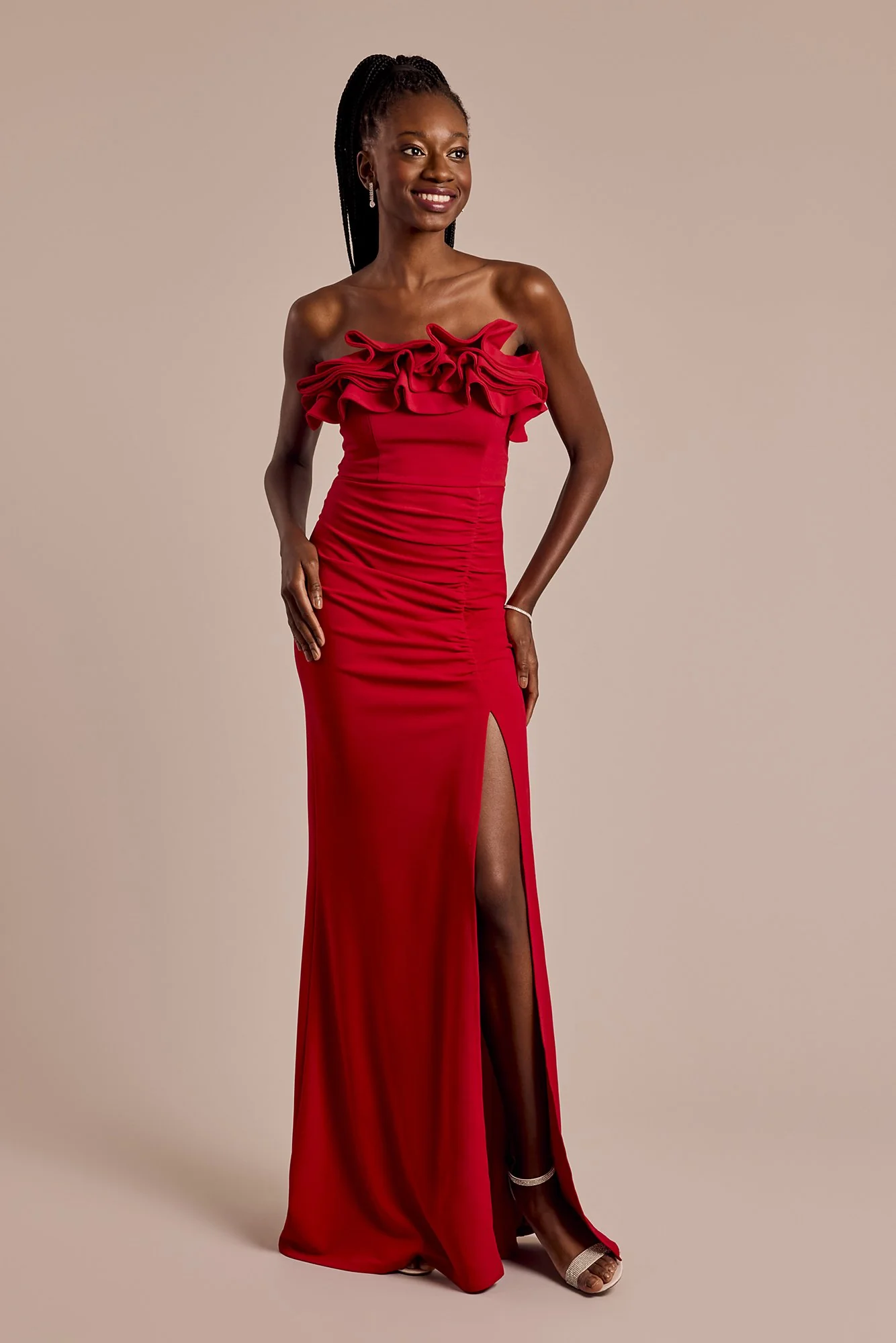 Strapless Crepe Sheath Dress with Ruffle Neckline - Image 2