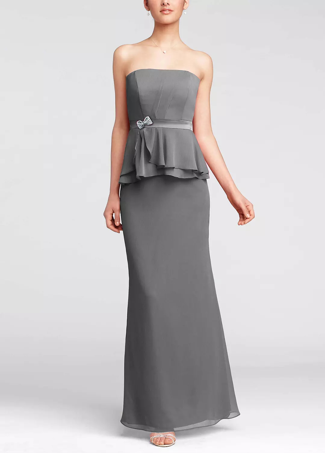 Strapless Crinkle Chiffon Peplum Dress with Brooch - Image 4