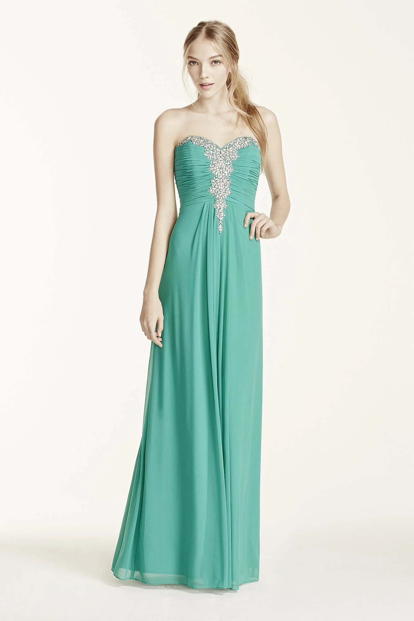 Strapless Crystal Embellished Ruched Bodice Dress