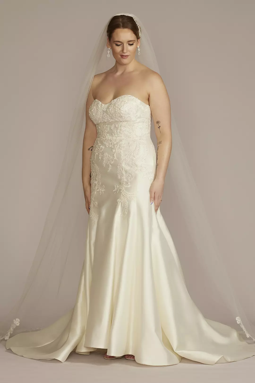 Strapless Drop Waist Lace and Mikado Wedding Dress - Image 7