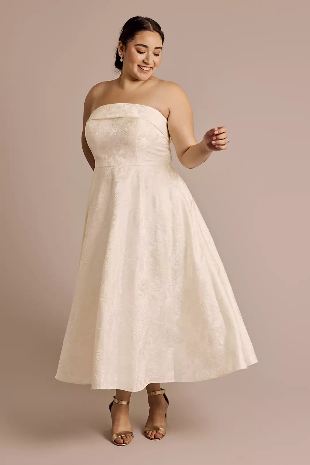 Strapless Floral Jacquard Tea-Length Dress - Image 11