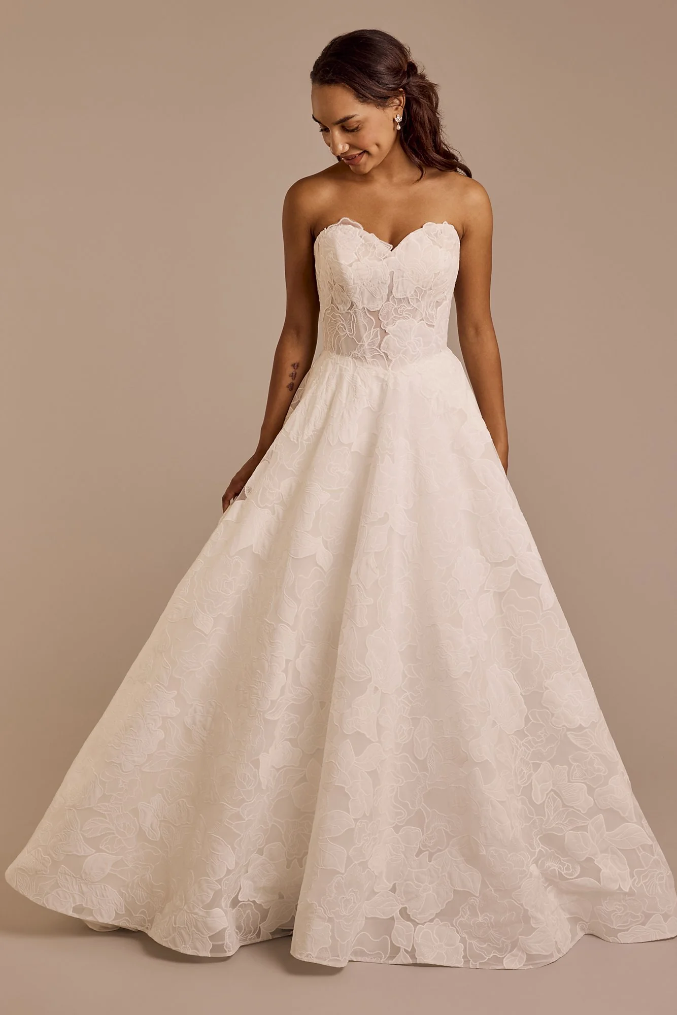 Strapless Floral Organza Ball Gown Wedding Dress - Image 5