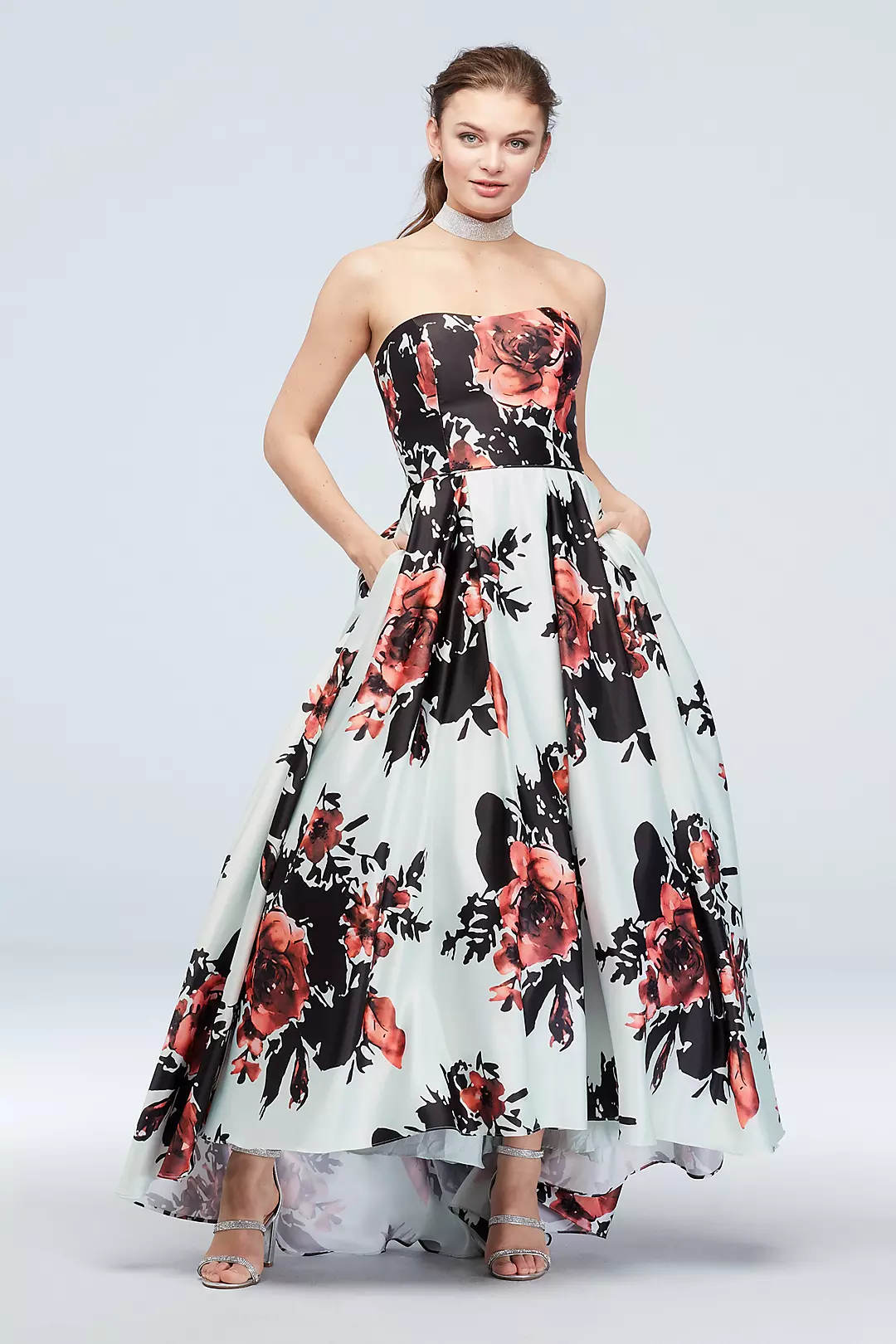 Strapless Floral Satin Ball Gown with High-Low Hem