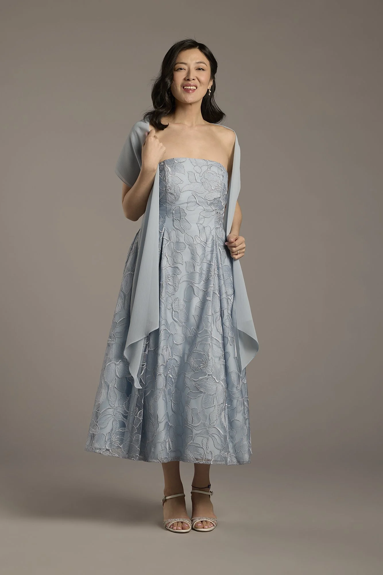 Strapless Floral Tea-Length Dress with Wrap - Image 2