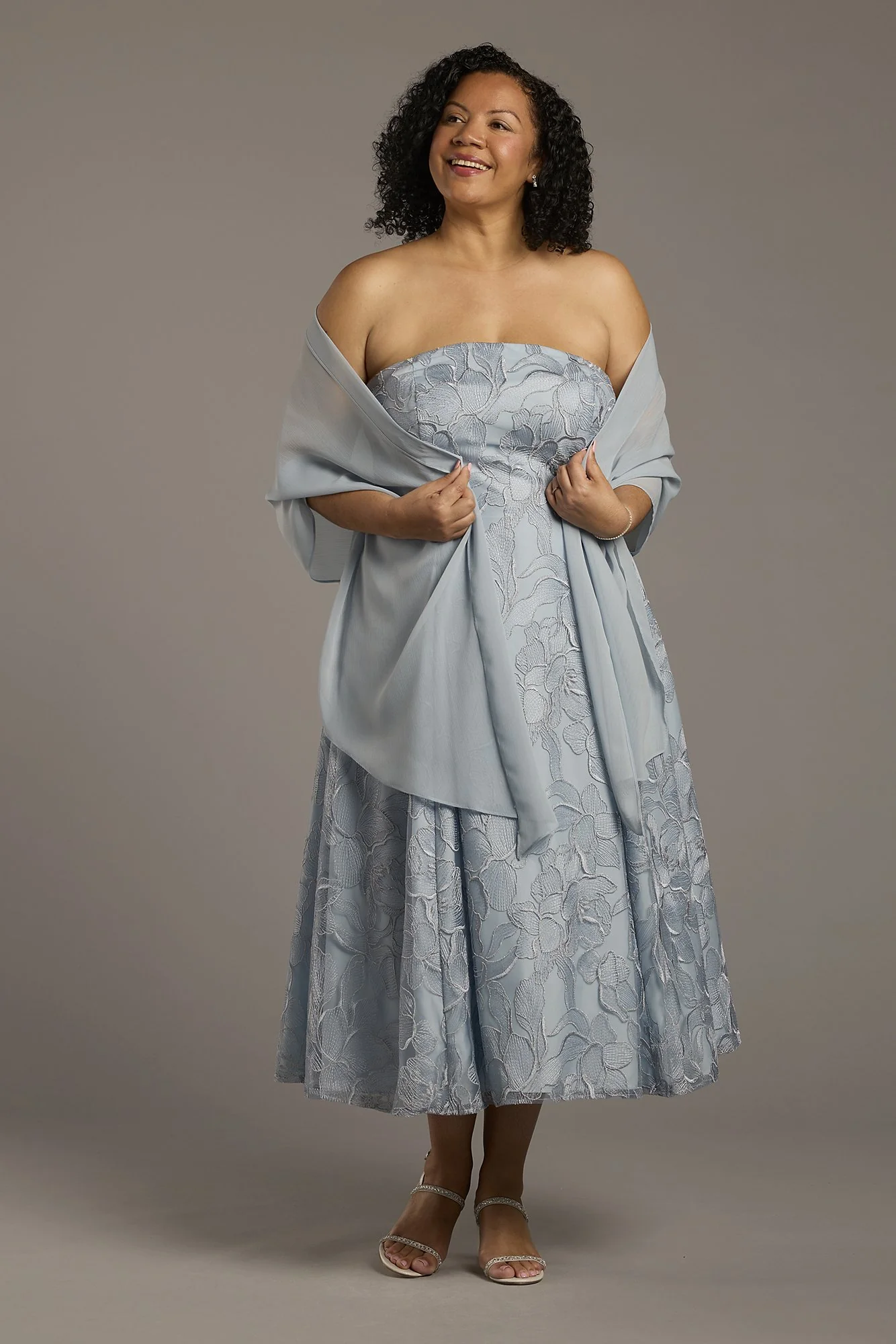 Strapless Floral Tea-Length Dress with Wrap - Image 3
