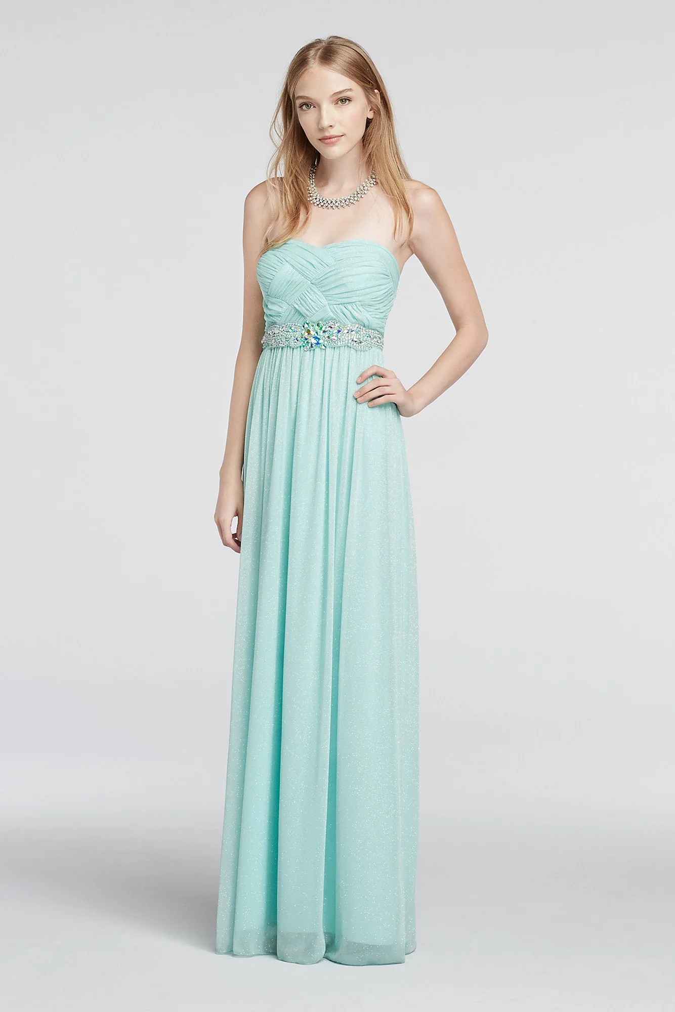Strapless Glitter Mesh Basket Detail Prom Dress - Image 2