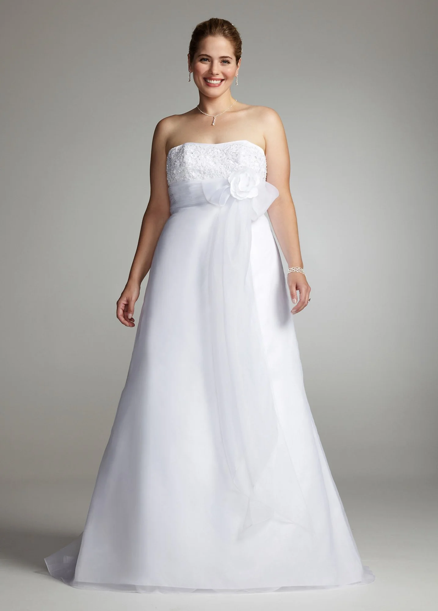 Strapless Gown with Organza Overlay and Flower