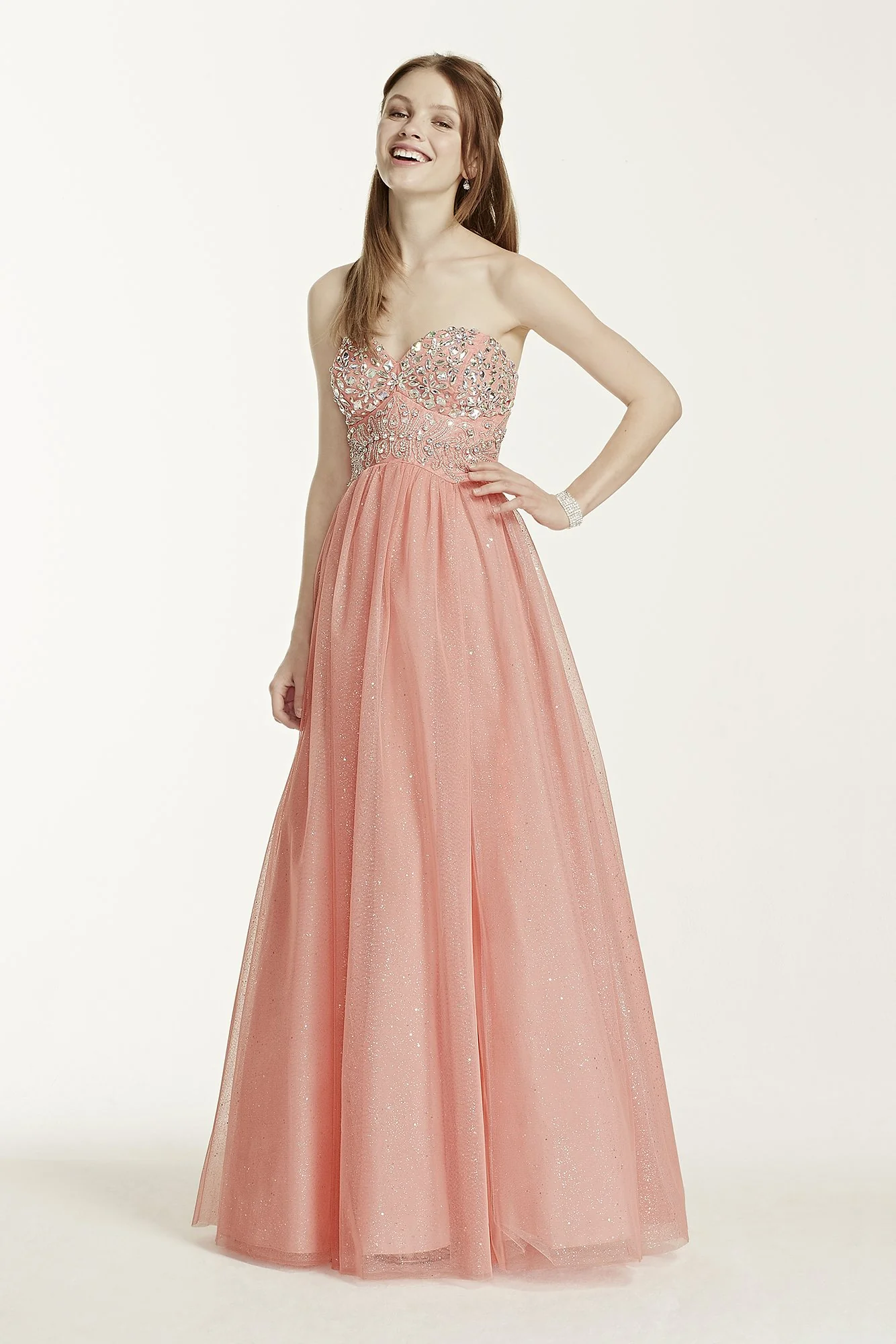 Strapless Hand Beaded Bodice Glitter Tulle Gown
