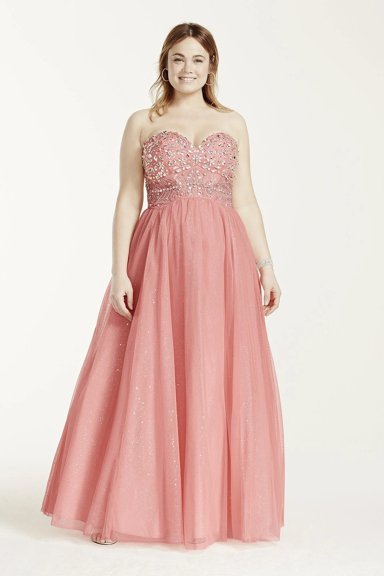 Strapless Hand Beaded Bodice Glitter Tulle Gown