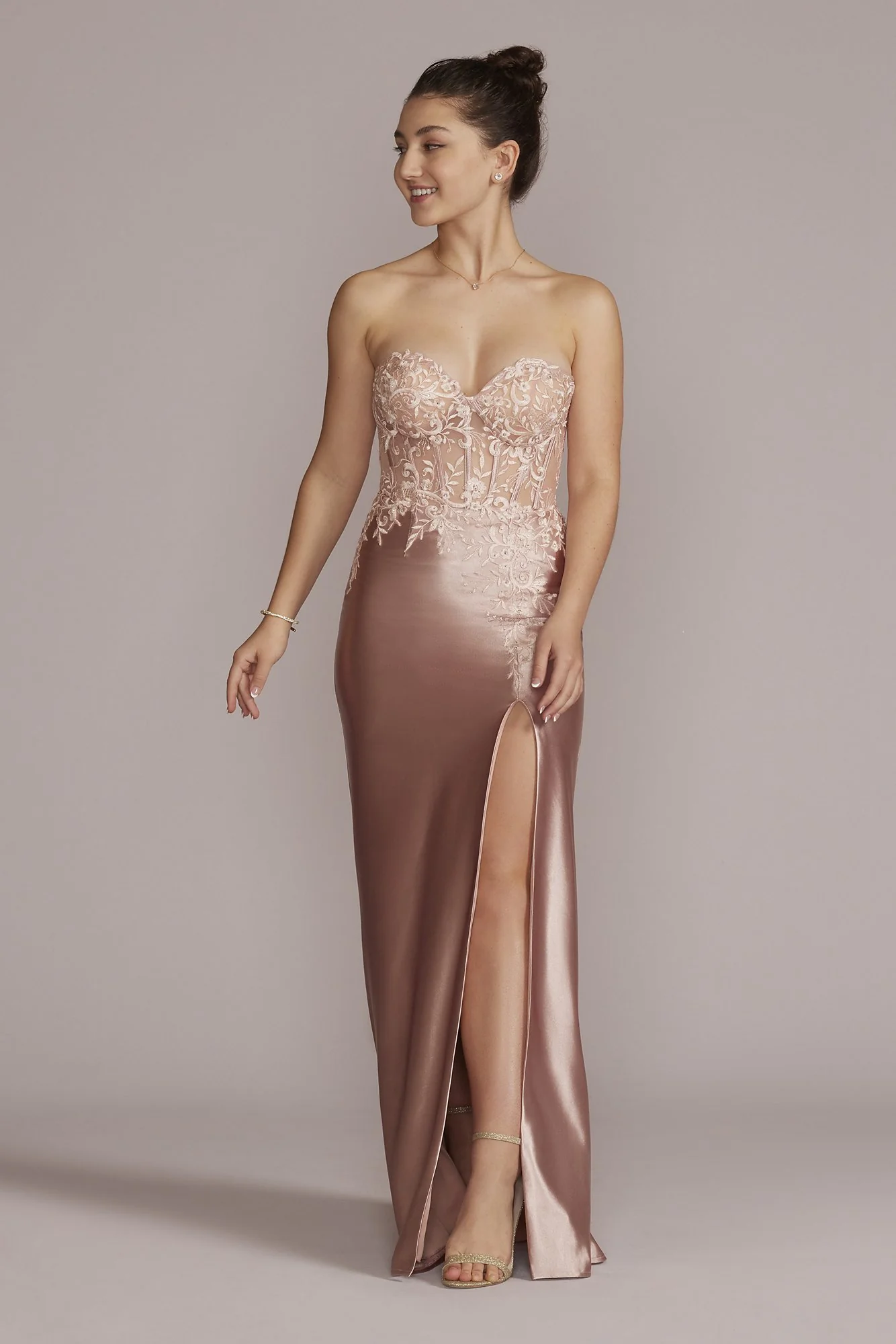 Strapless Illusion Lace Corset A-Line with Slit - Image 2