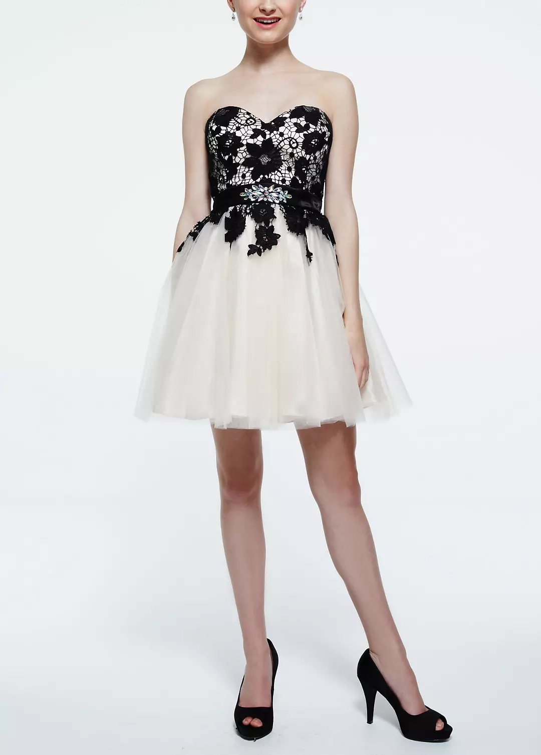 Strapless Lace Applique Tulle Dress with Belt - Image 2
