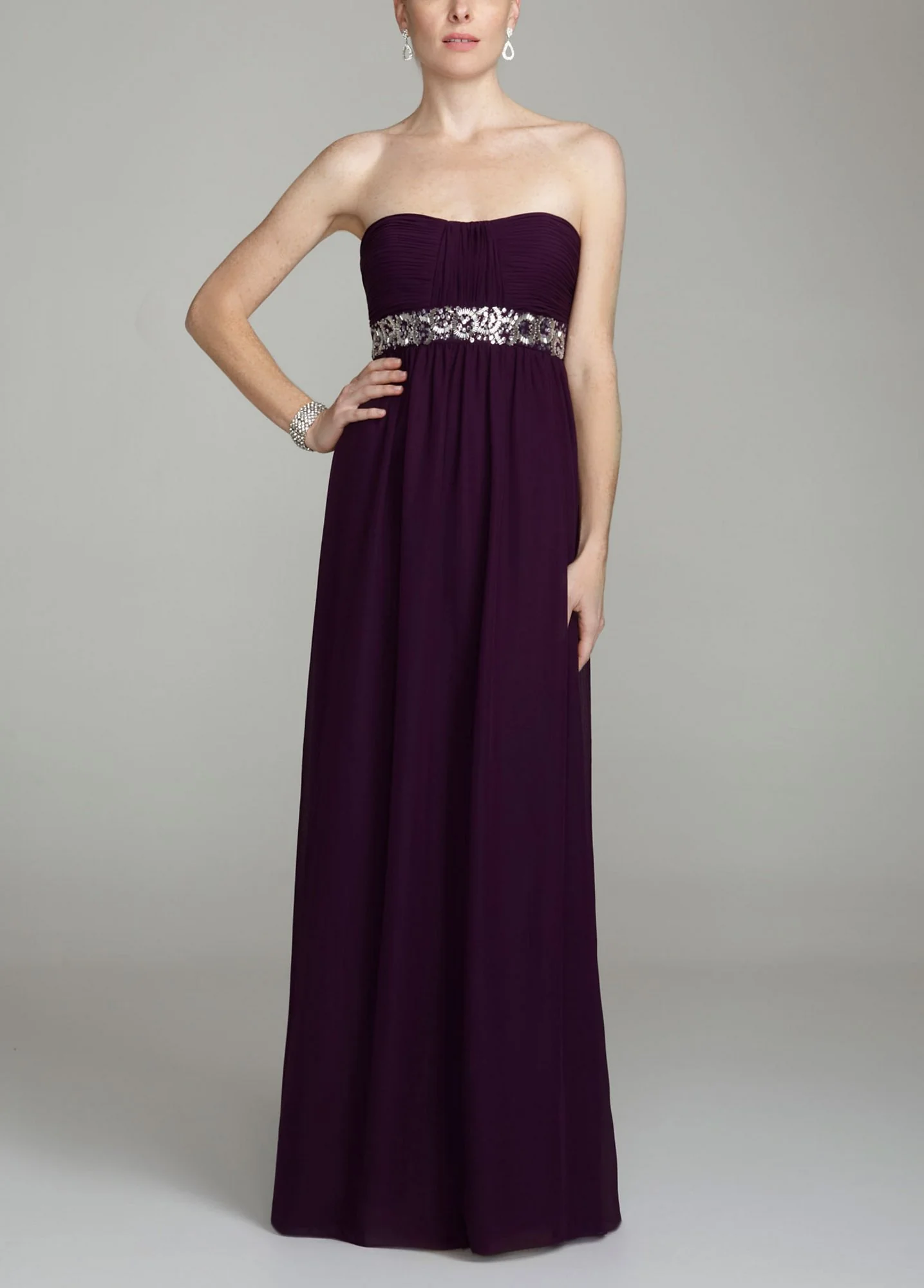 Strapless Long Chiffon Dress with Beaded Waist