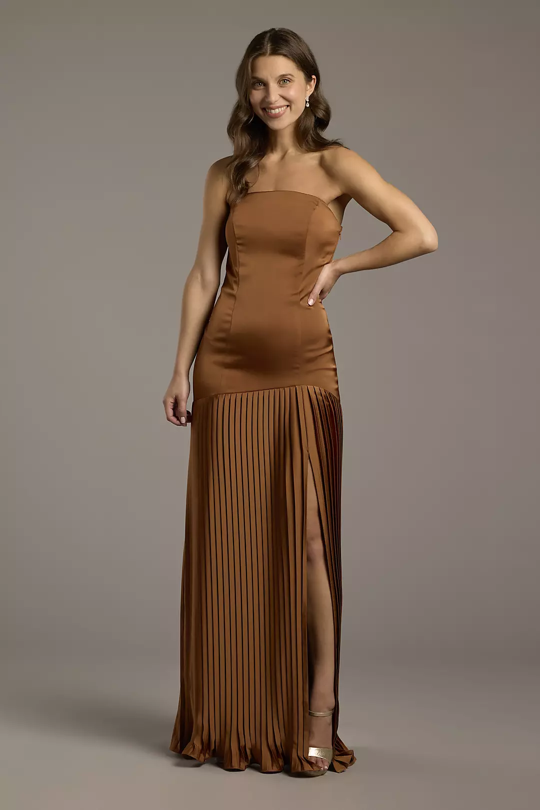 Strapless Matte Satin Pleated Drop Waist Dress - Image 4