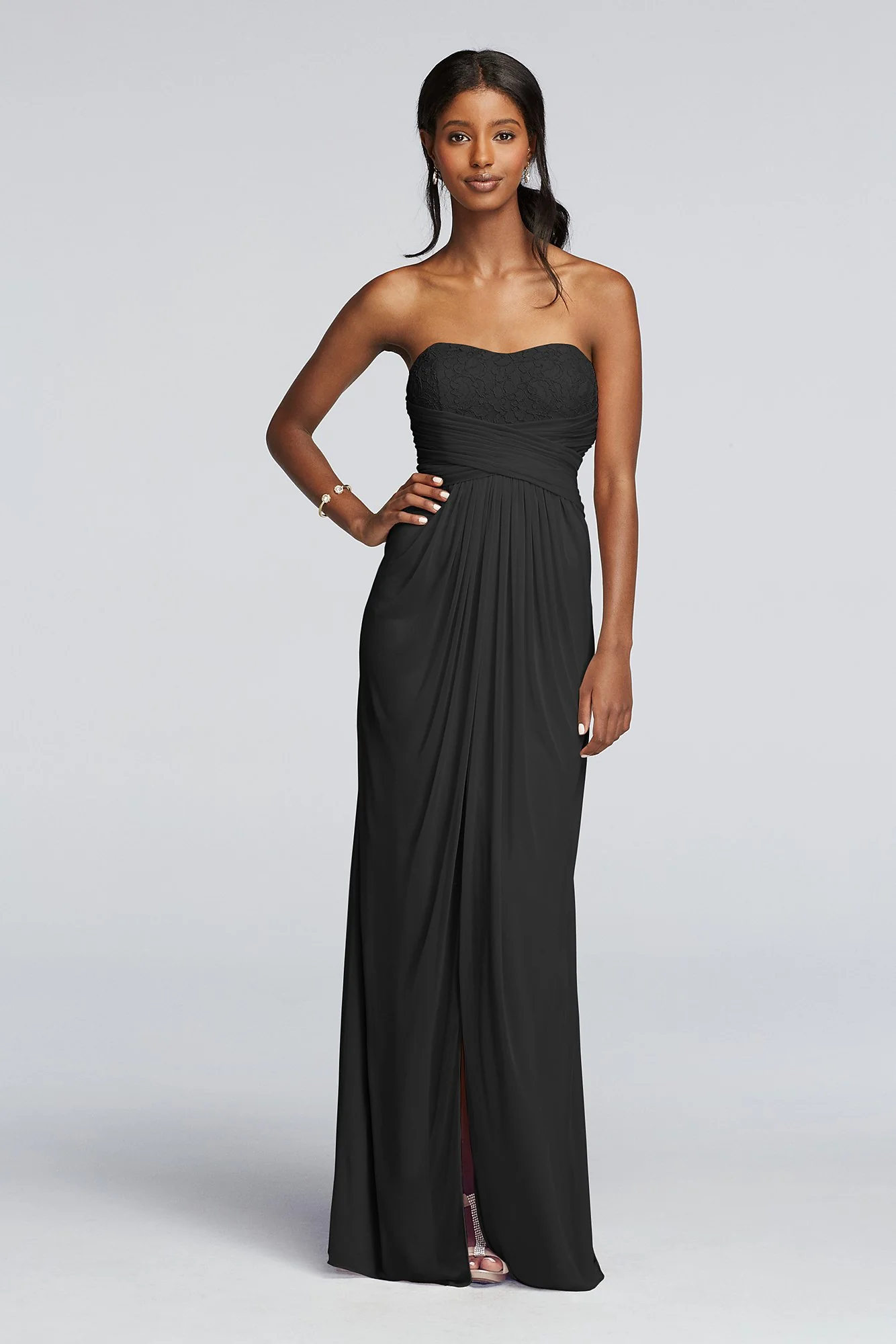 Strapless Mesh and Lace Dress with Pleated Waist - Image 11