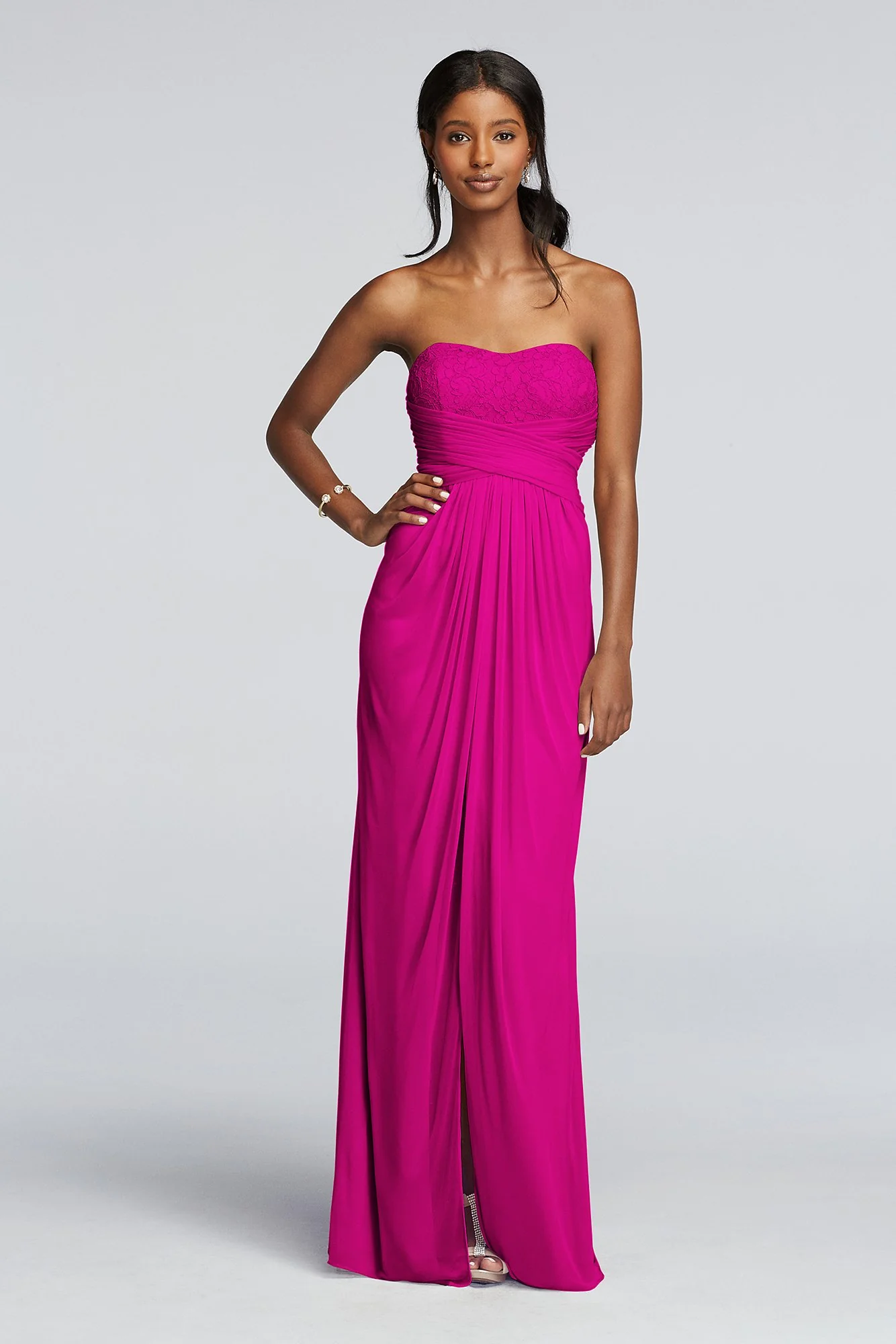 Strapless Mesh and Lace Dress with Pleated Waist - Image 12