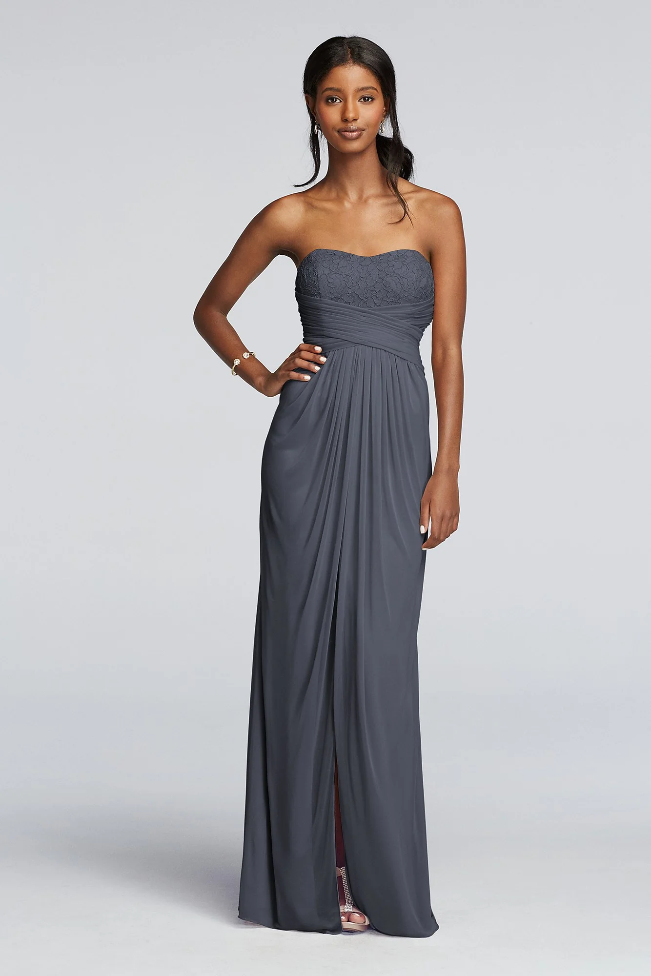 Strapless Mesh and Lace Dress with Pleated Waist - Image 14
