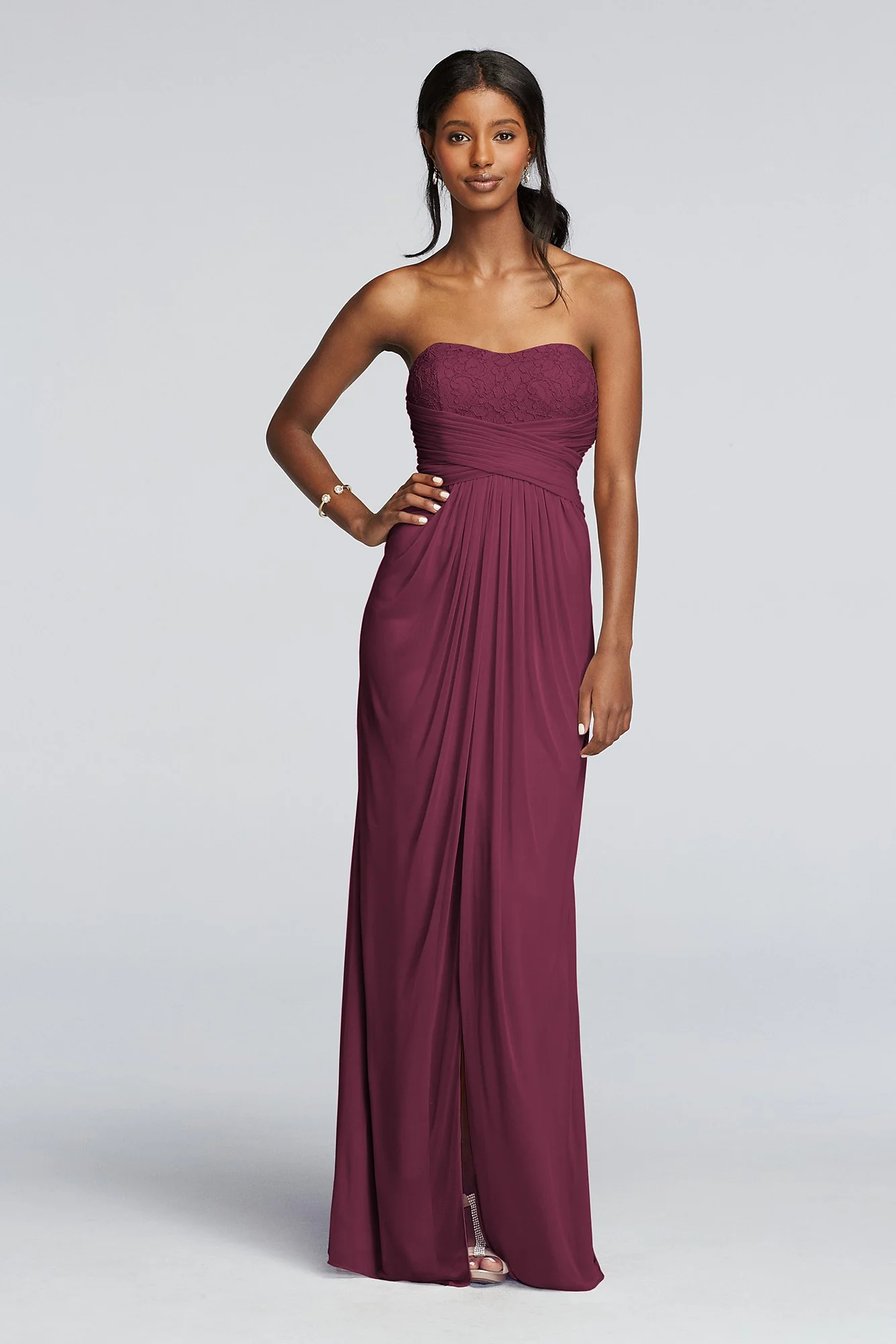 Strapless Mesh and Lace Dress with Pleated Waist - Image 42