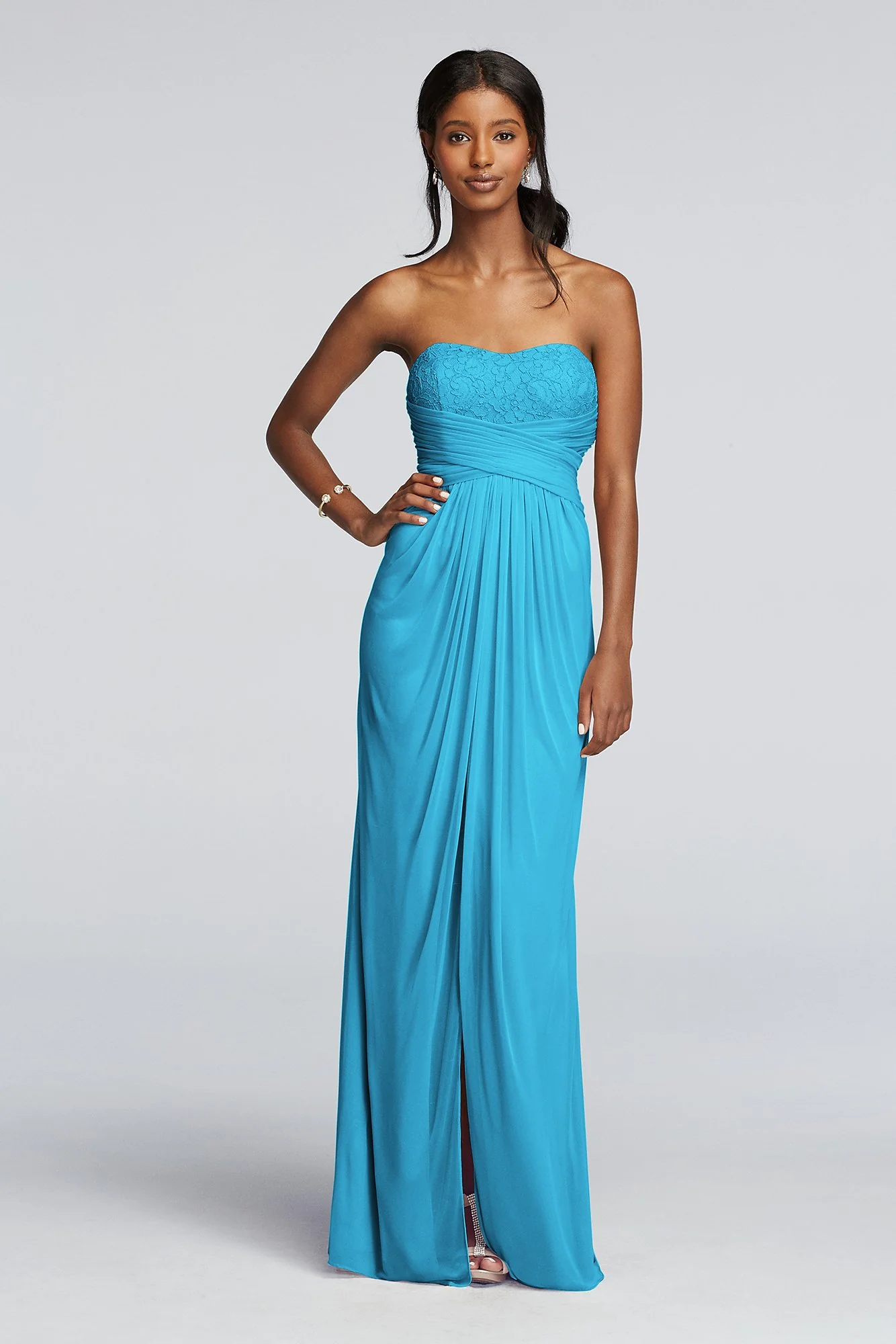 Strapless Mesh and Lace Dress with Pleated Waist - Image 5