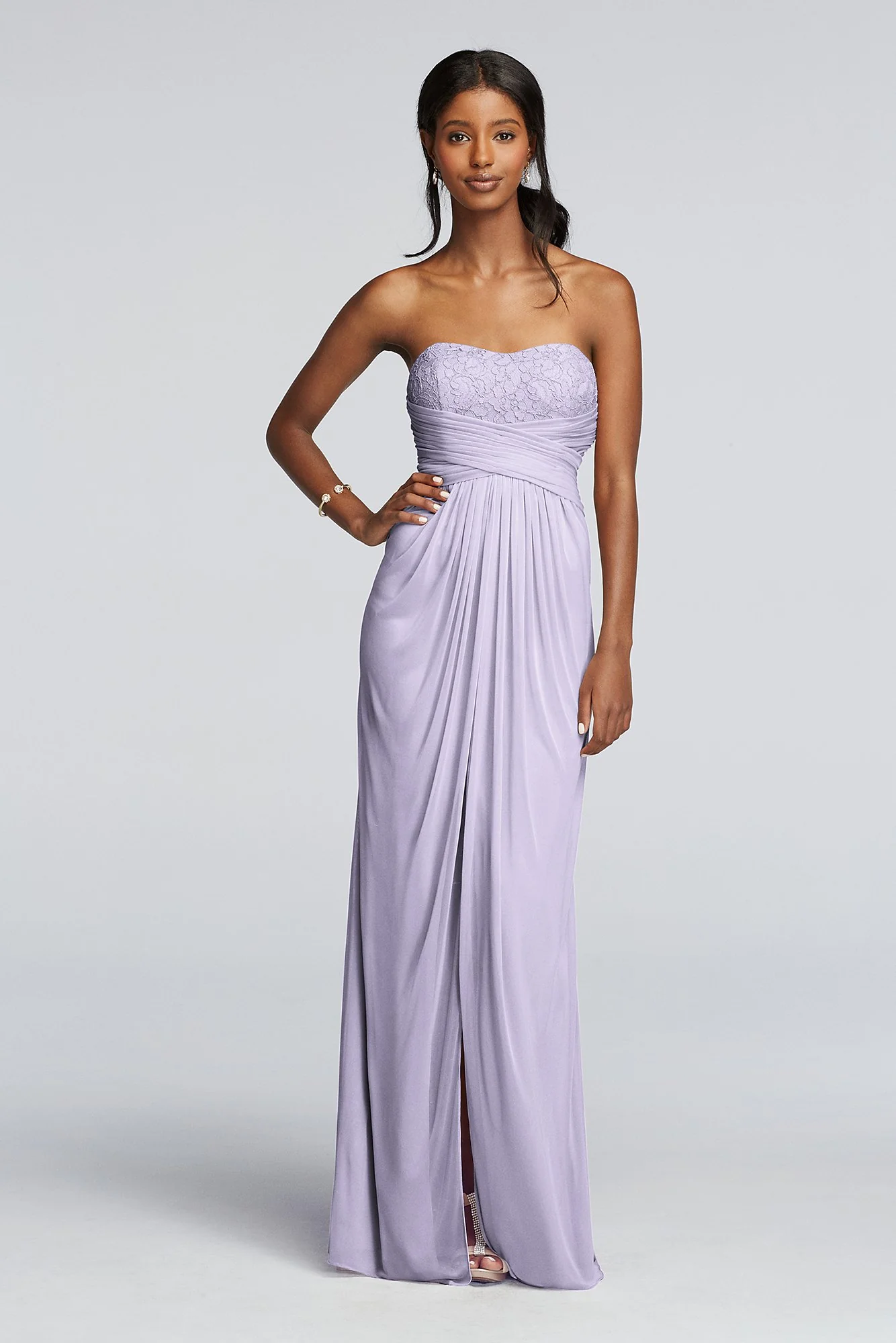 Strapless Mesh and Lace Dress with Pleated Waist - Image 54