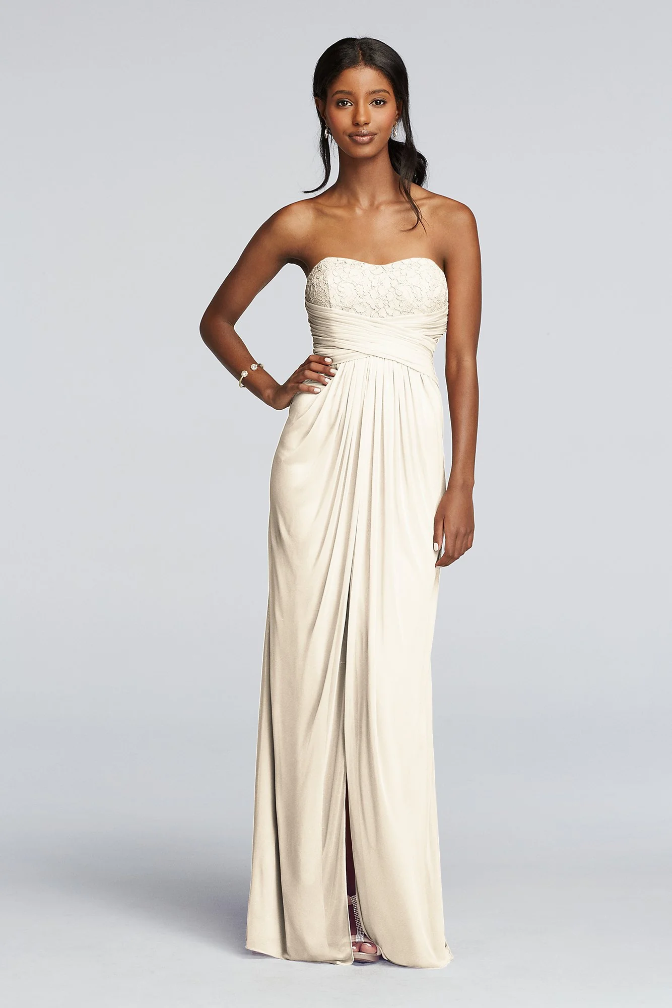 Strapless Mesh and Lace Dress with Pleated Waist - Image 55