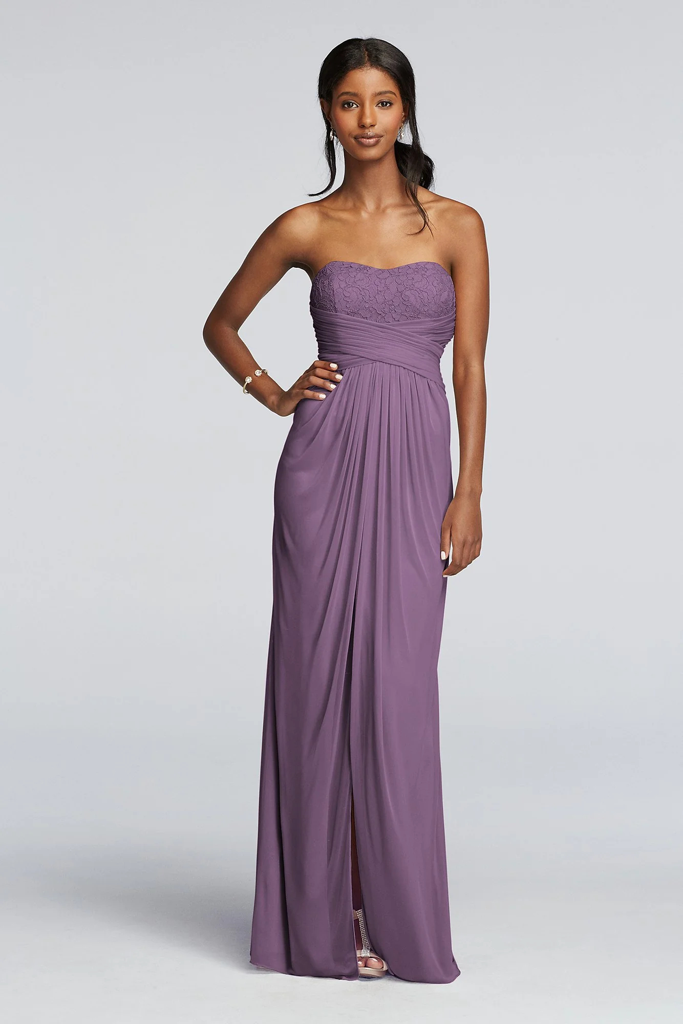 Strapless Mesh and Lace Dress with Pleated Waist - Image 58