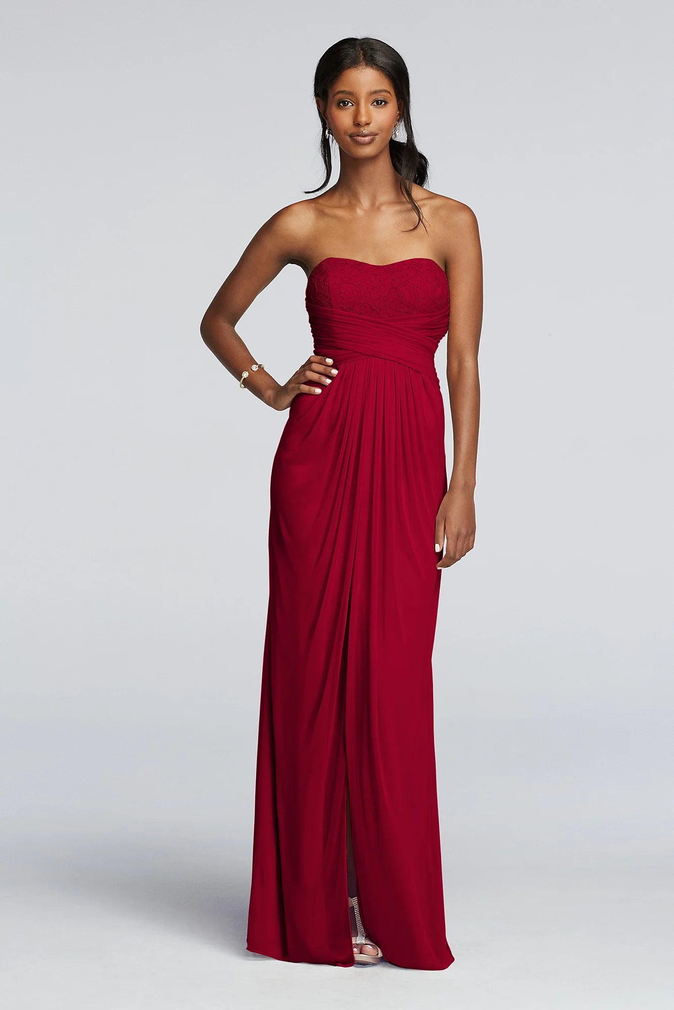 Strapless Mesh and Lace Dress with Pleated Waist - Image 60